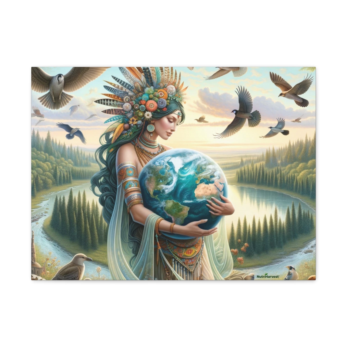 Mother Earth's Keeper Art, set against a stunning natural background with birds on Canvas Gallery Wraps