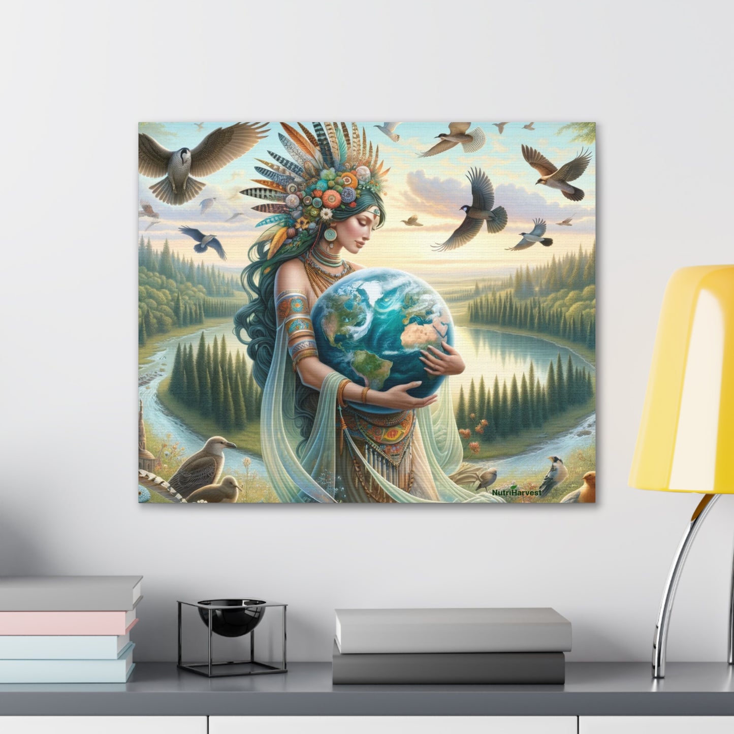 Mother Earth's Keeper Art, set against a stunning natural background with birds on Canvas Gallery Wraps