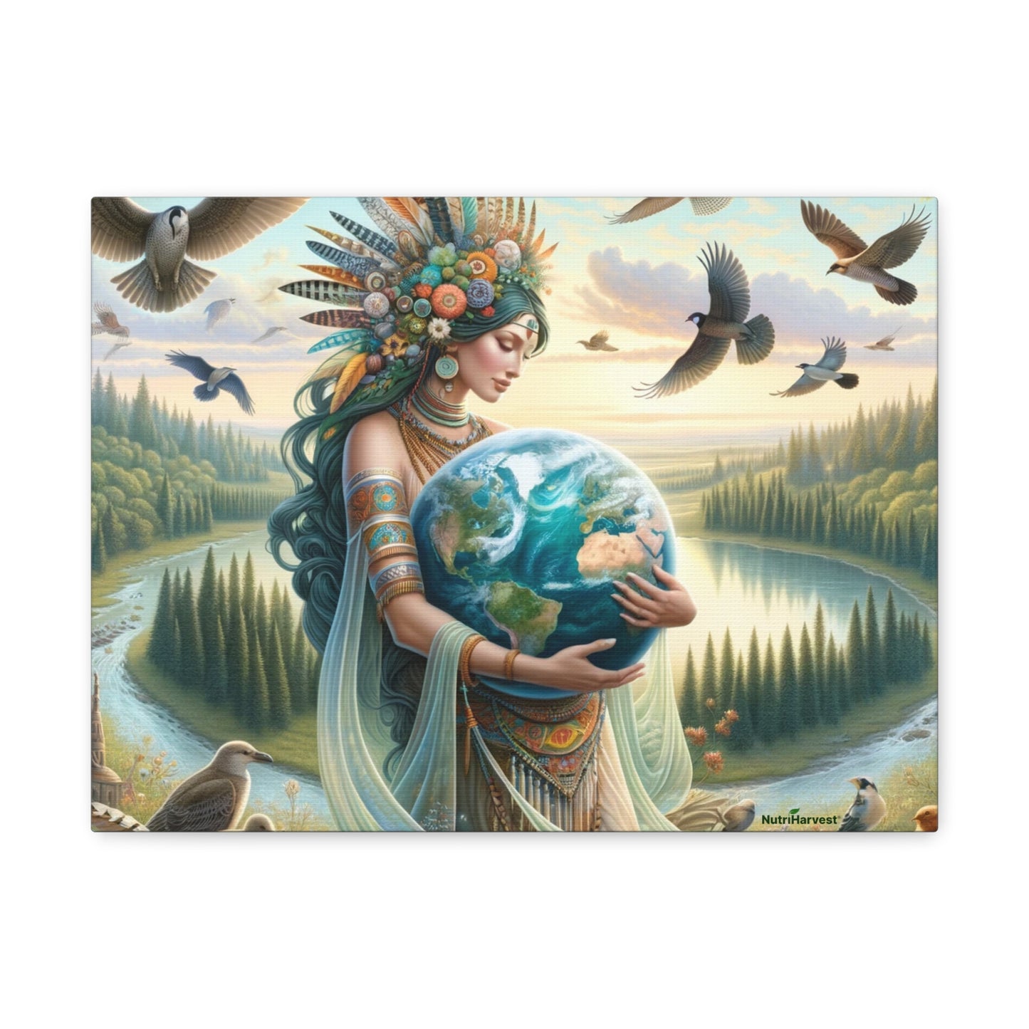 Mother Earth's Keeper Art, set against a stunning natural background with birds on Canvas Gallery Wraps