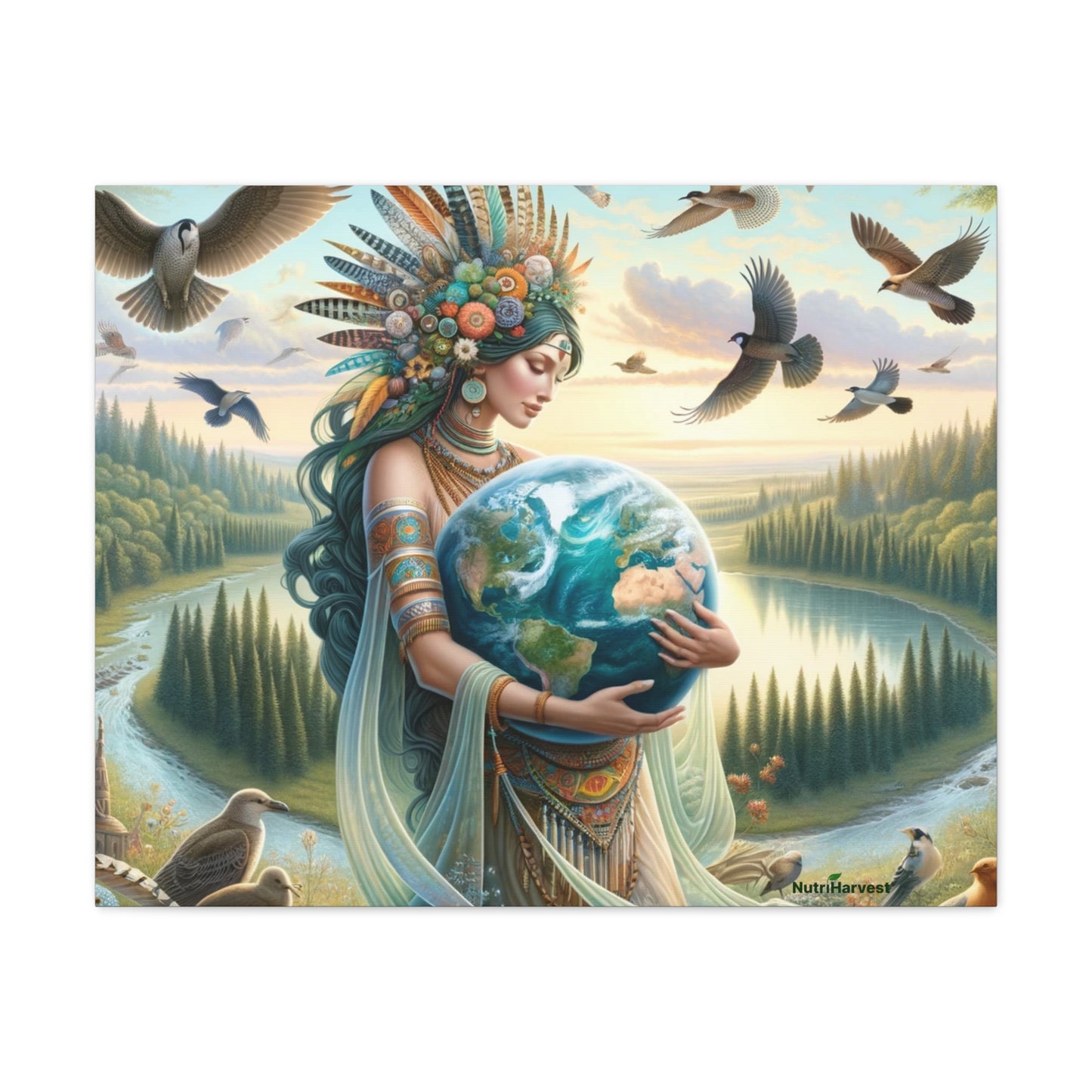 Mother Earth's Keeper Art, set against a stunning natural background with birds on Canvas Gallery Wraps