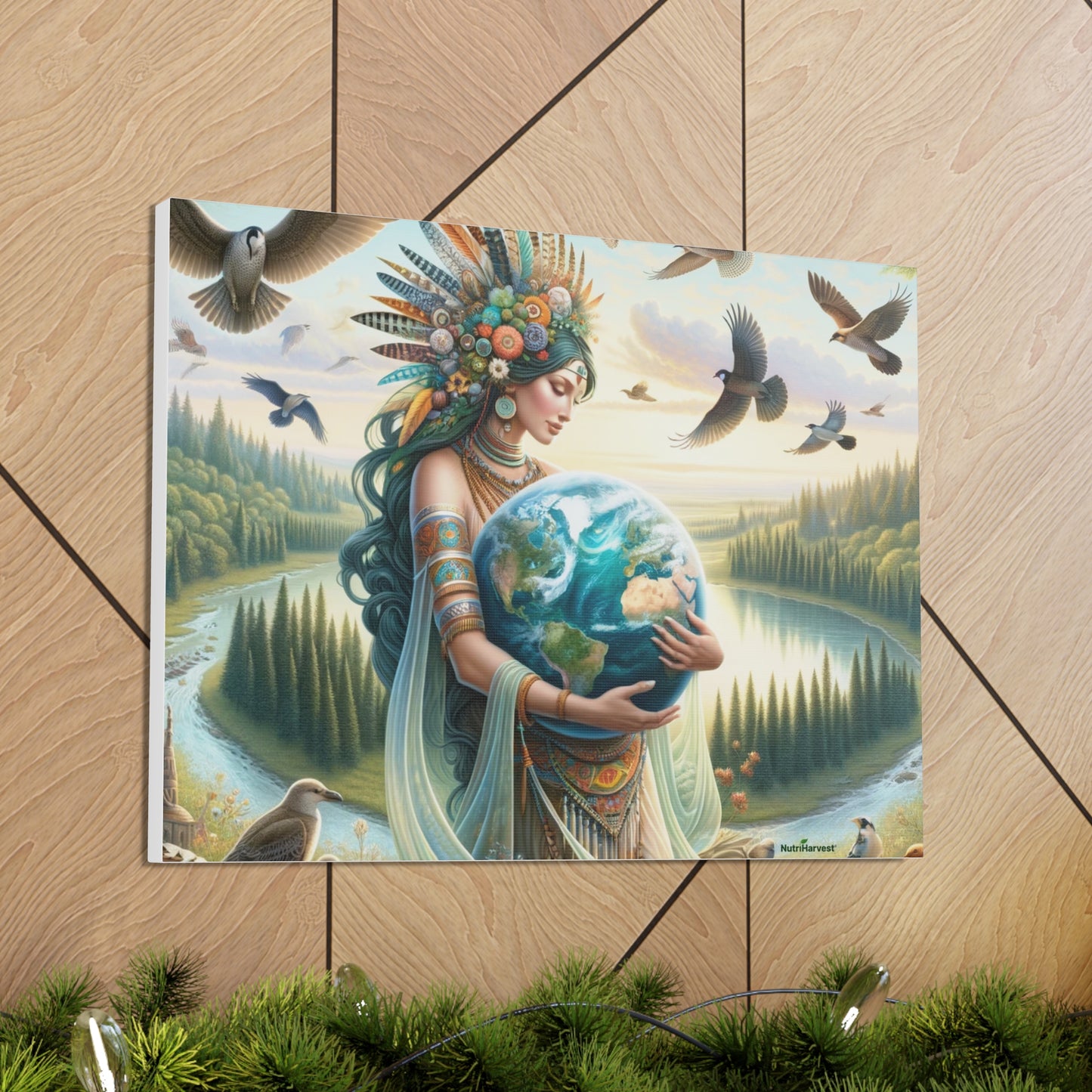 Mother Earth's Keeper Art, set against a stunning natural background with birds on Canvas Gallery Wraps