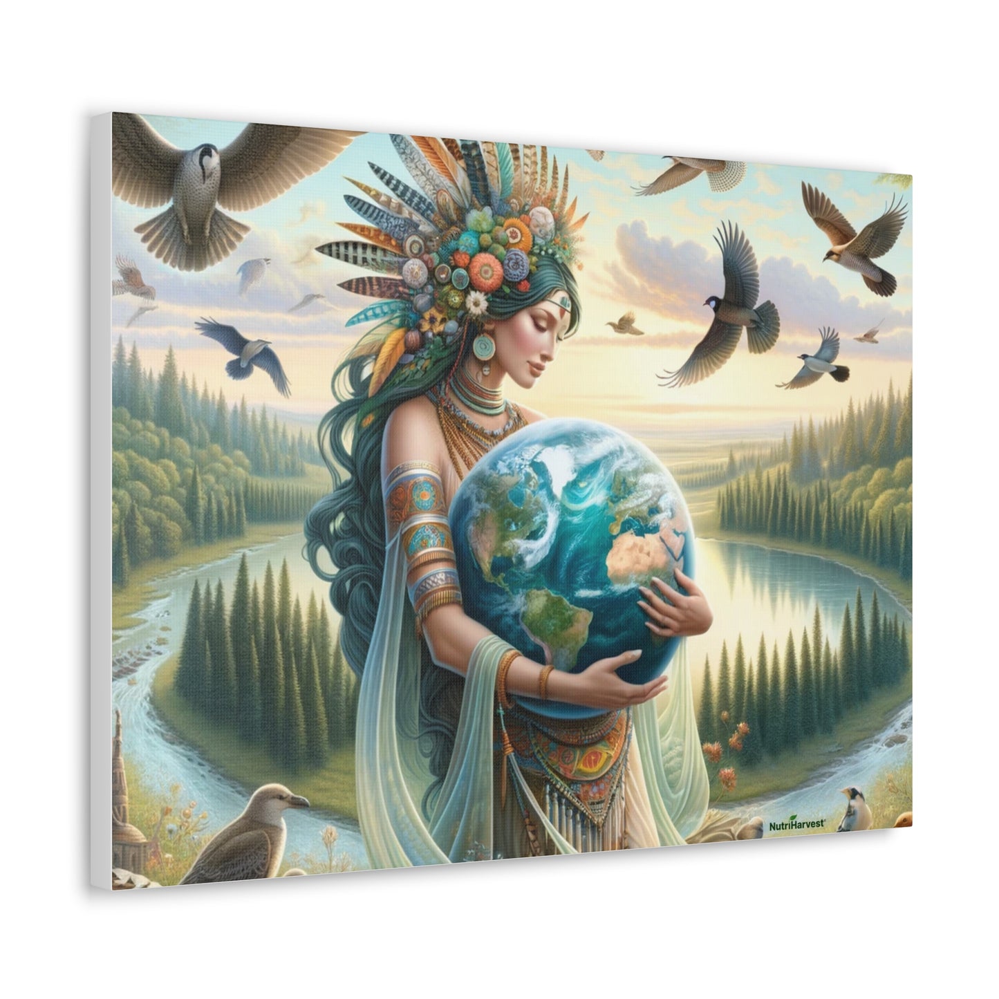 Mother Earth's Keeper Art, set against a stunning natural background with birds on Canvas Gallery Wraps