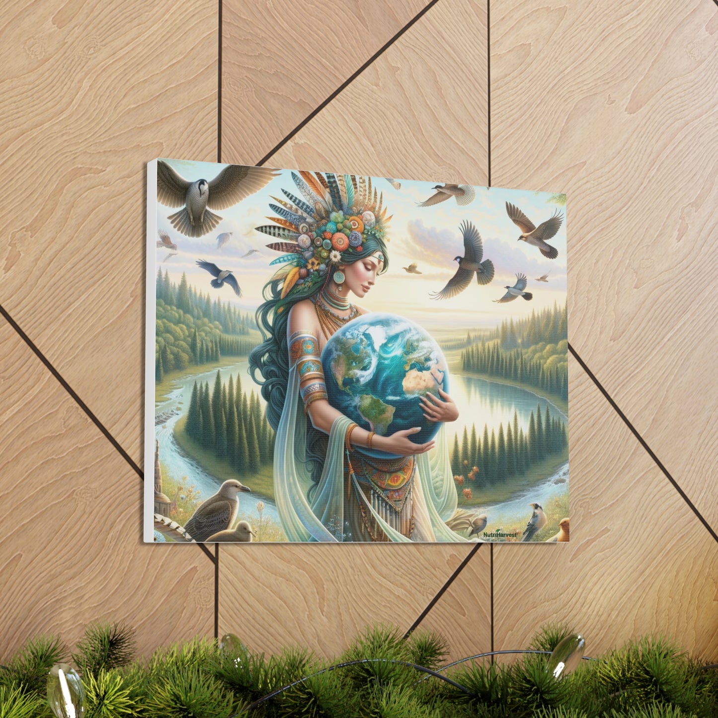 Mother Earth's Keeper Art, set against a stunning natural background with birds on Canvas Gallery Wraps