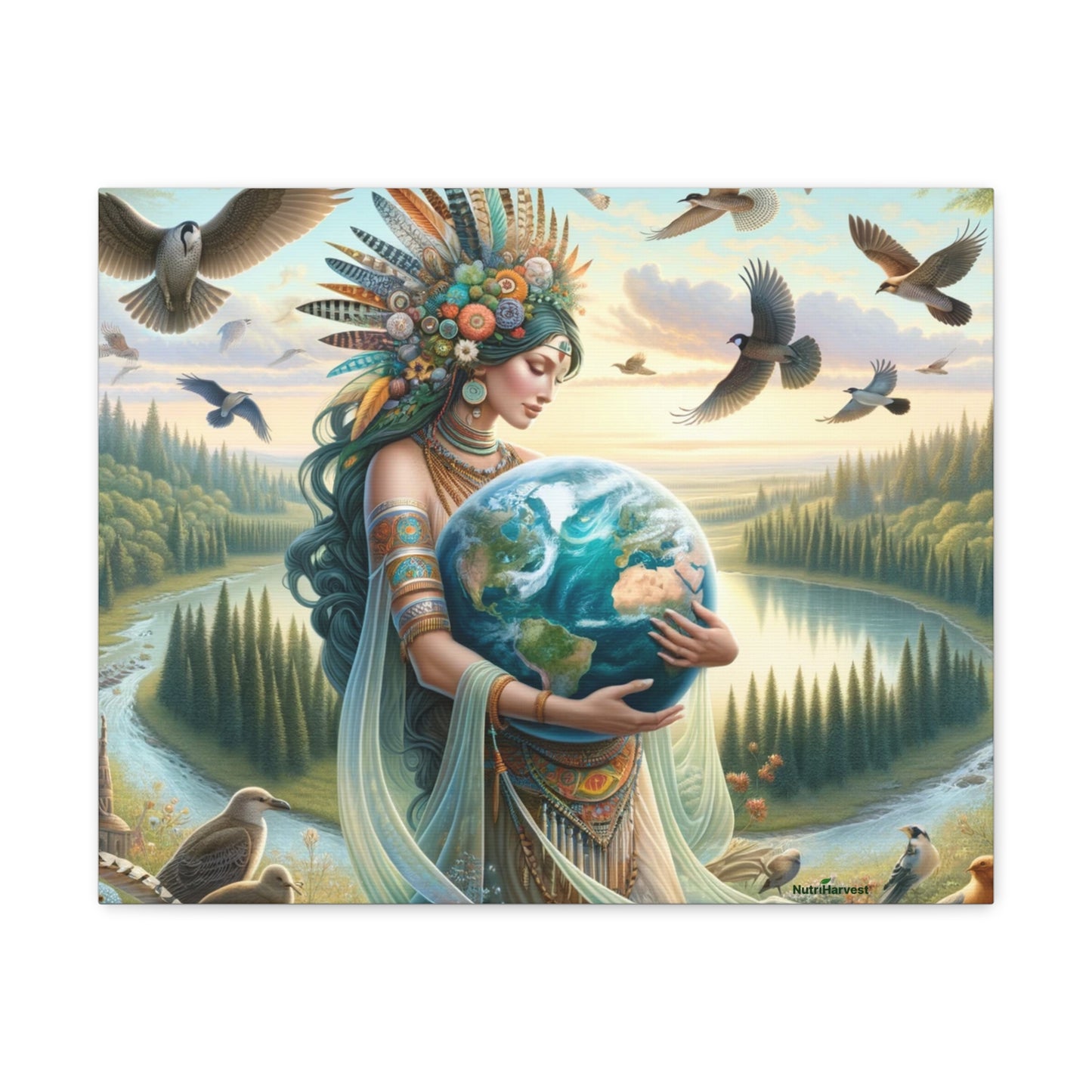 Mother Earth's Keeper Art, set against a stunning natural background with birds on Canvas Gallery Wraps