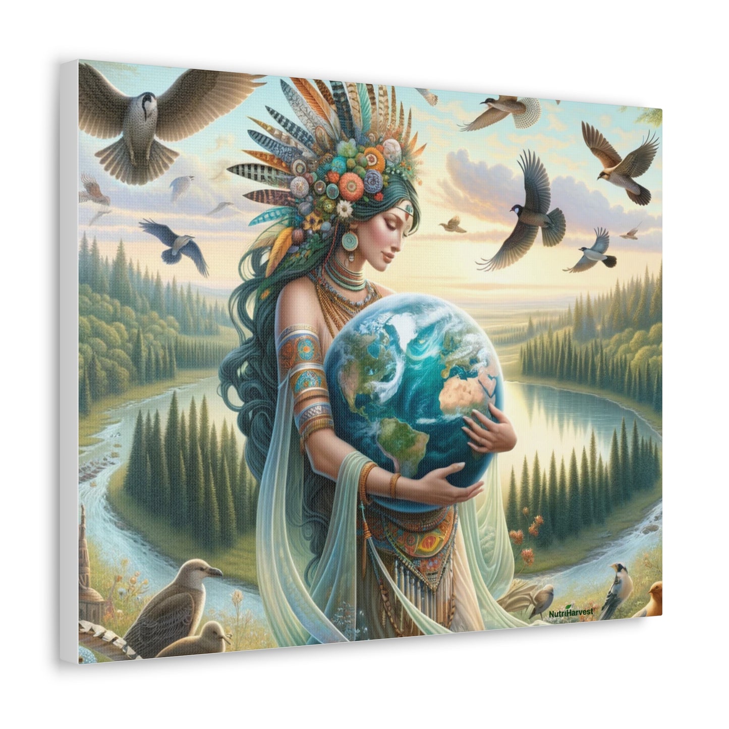 Mother Earth's Keeper Art, set against a stunning natural background with birds on Canvas Gallery Wraps