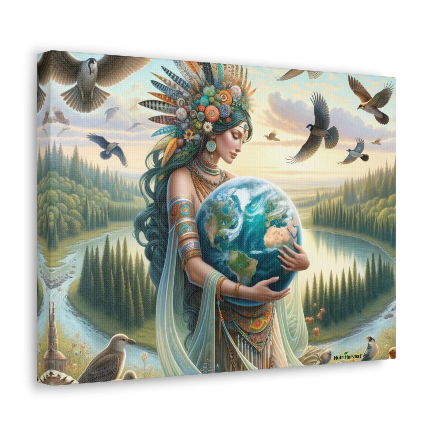 Mother Earth's Keeper Art, set against a stunning natural background with birds on Canvas Gallery Wraps