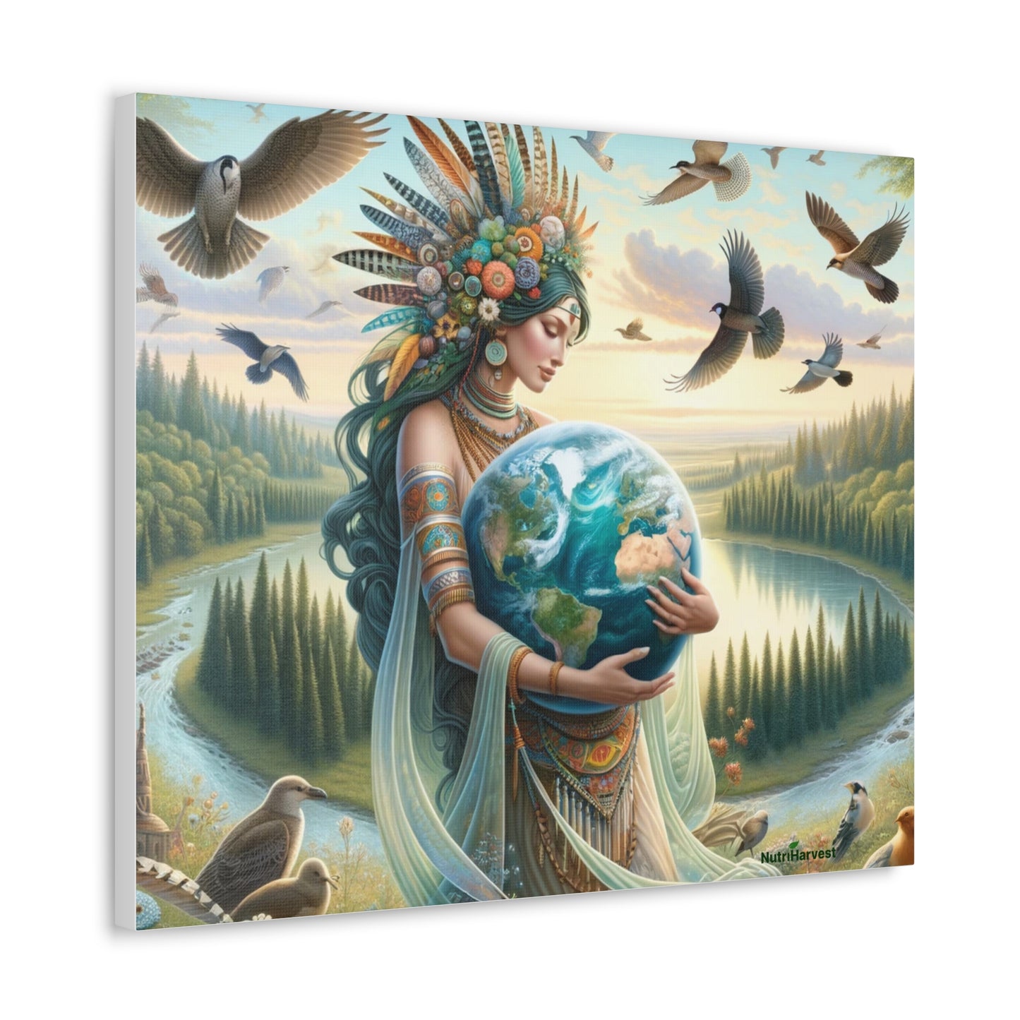Mother Earth's Keeper Art, set against a stunning natural background with birds on Canvas Gallery Wraps