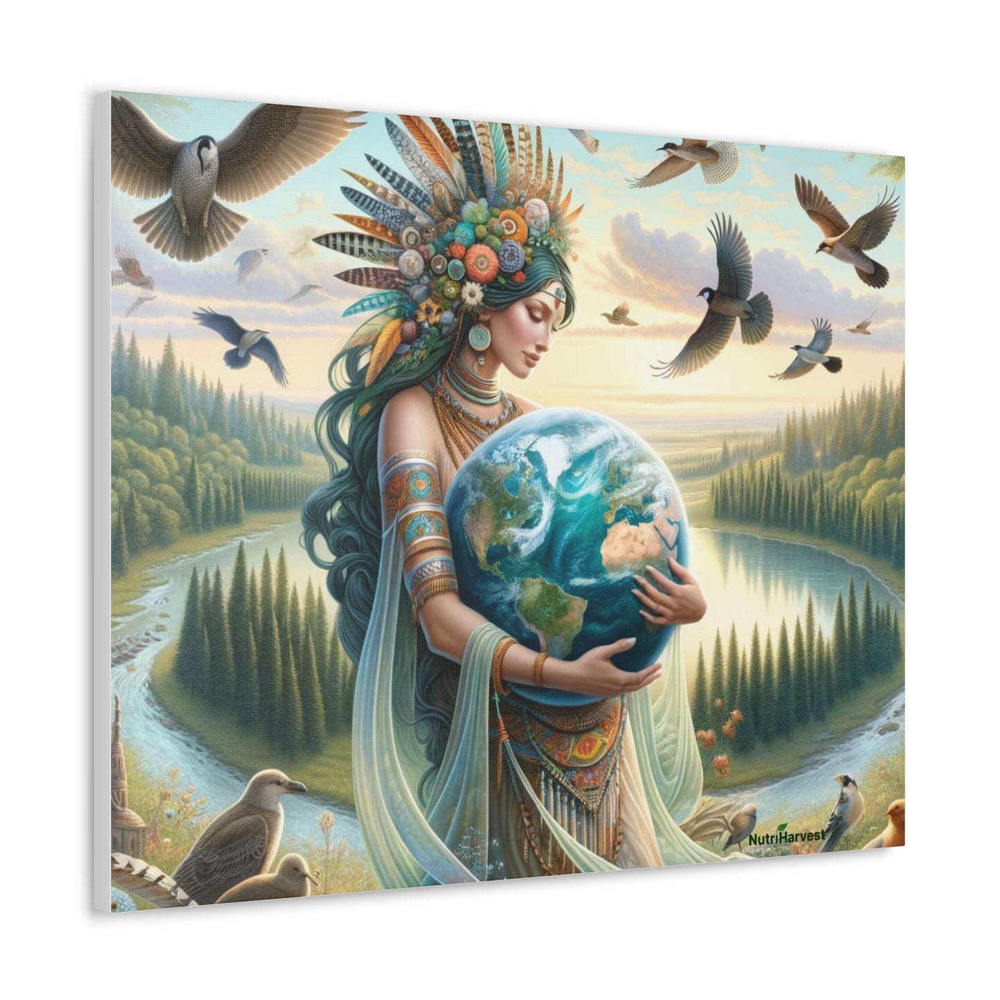 Mother Earth's Keeper Art, set against a stunning natural background with birds on Canvas Gallery Wraps