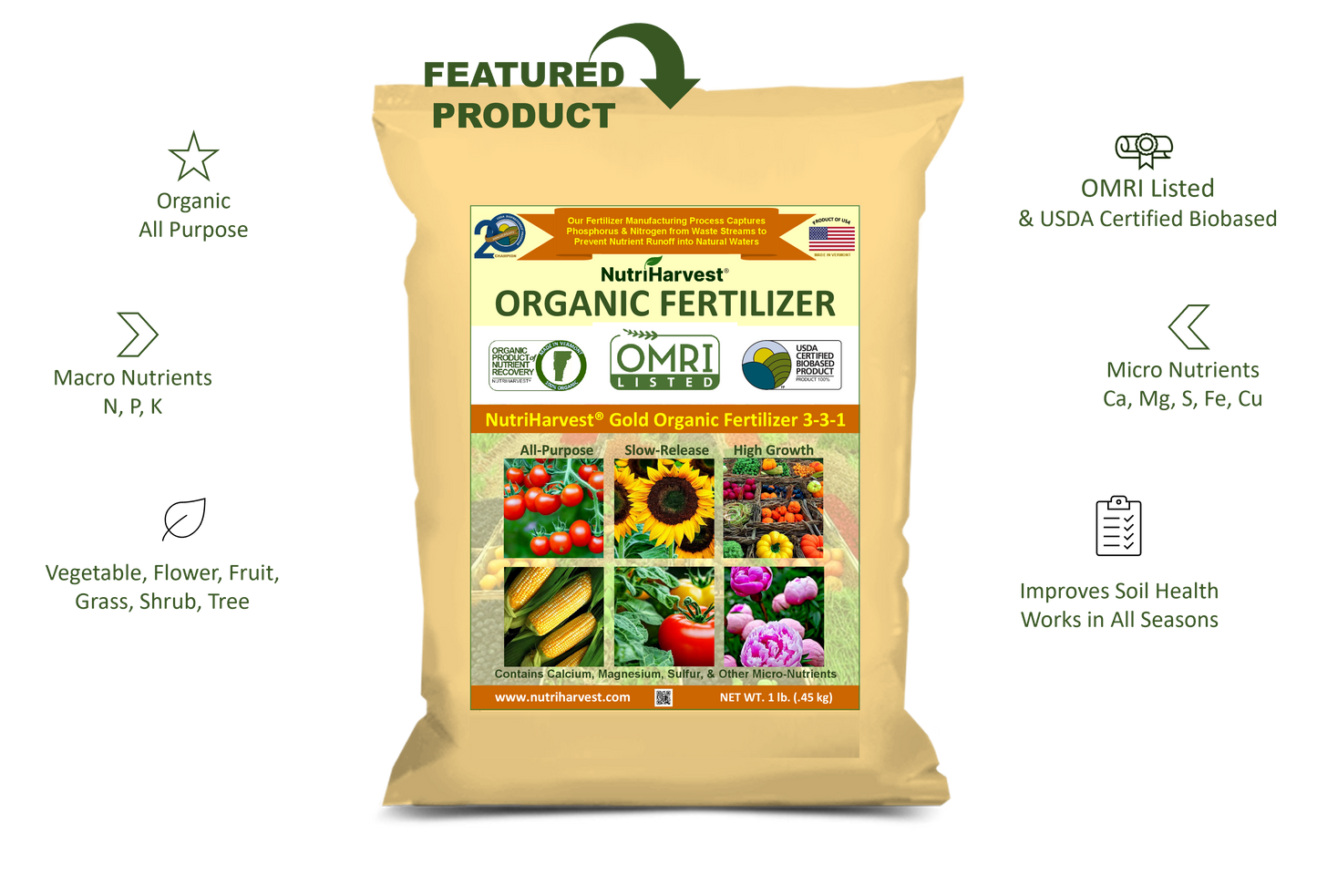 NutriHarvest® Gold Super Organic Fertilizer 3-3-1, OMRI Listed, 100% USDA-certified Biobased, low-potassium, in Resealable Bag