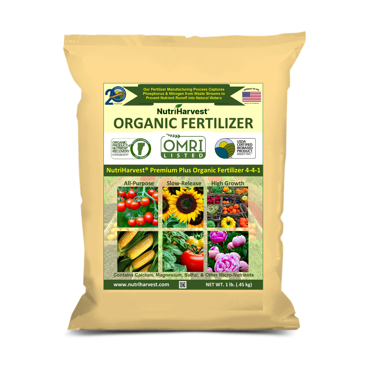 NutriHarvest® Premium Plus Super Organic Fertilizer 4-4-1, OMRI Listed, 100% USDA-certified Biobased, low-potassium, in Resealable Bag