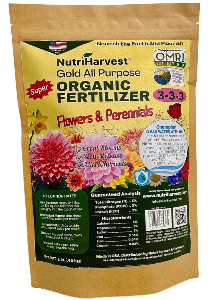 NutriHarvest® Super Organic Fertilizer 3-3-3 for Flowers & Perennials, OMRI Listed Plus USDA-Certified Biobased, in Resealable Bag