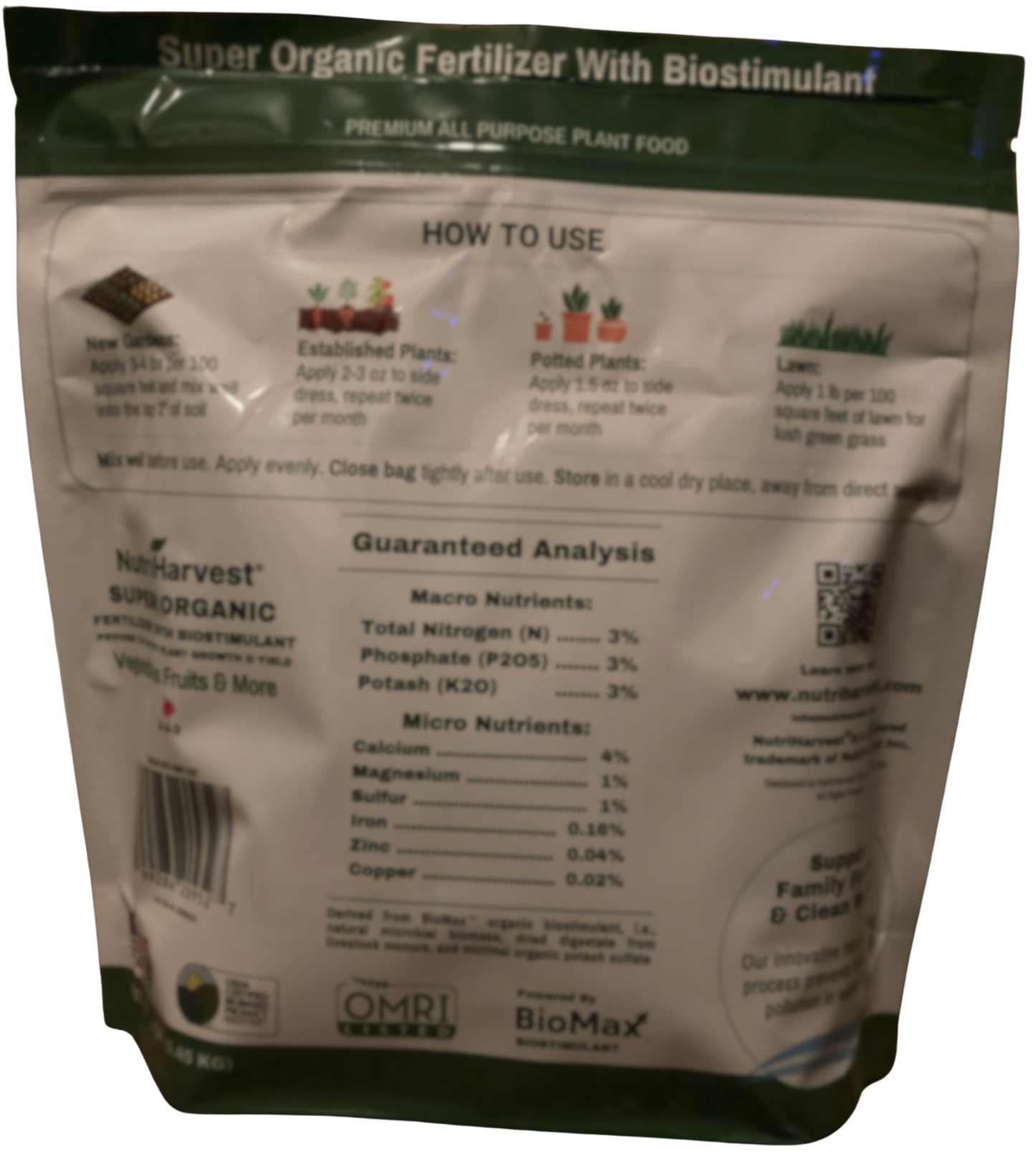 NutriHarvest® Super Organic Fertilizer With Biostimulant 3-3-3, OMRI Listed Plus USDA-Certified Biobased, in Resealable Bag