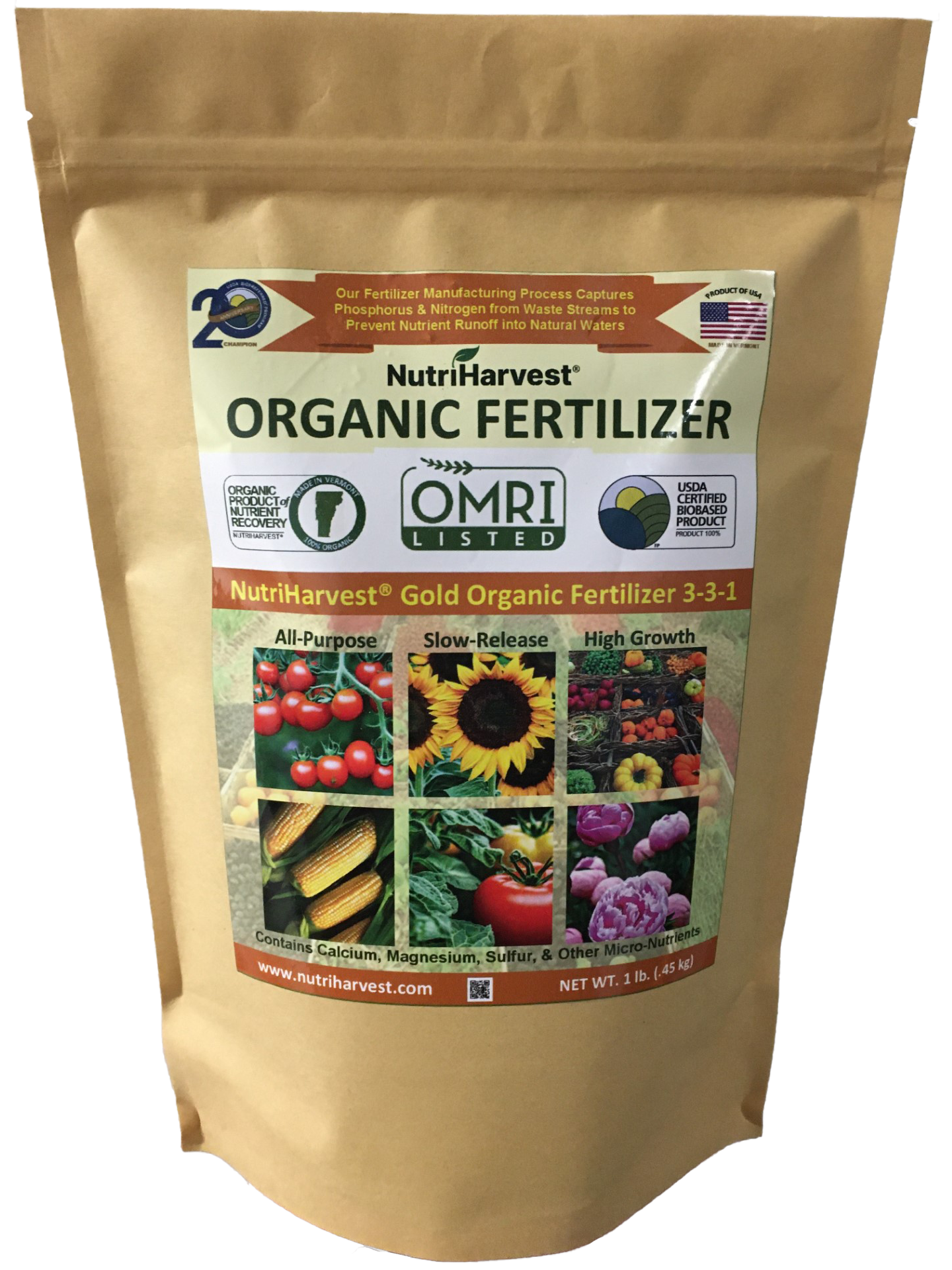 NutriHarvest® Gold Super Organic Fertilizer 3-3-1, OMRI Listed, 100% USDA-certified Biobased, low-potassium, in Resealable Bag