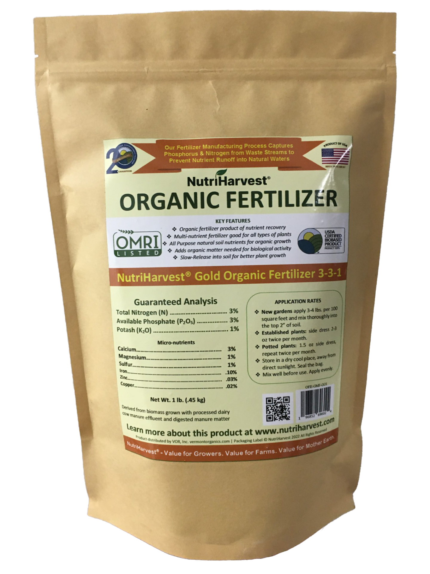NutriHarvest® Gold Super Organic Fertilizer 3-3-1, OMRI Listed, 100% USDA-certified Biobased, low-potassium, in Resealable Bag