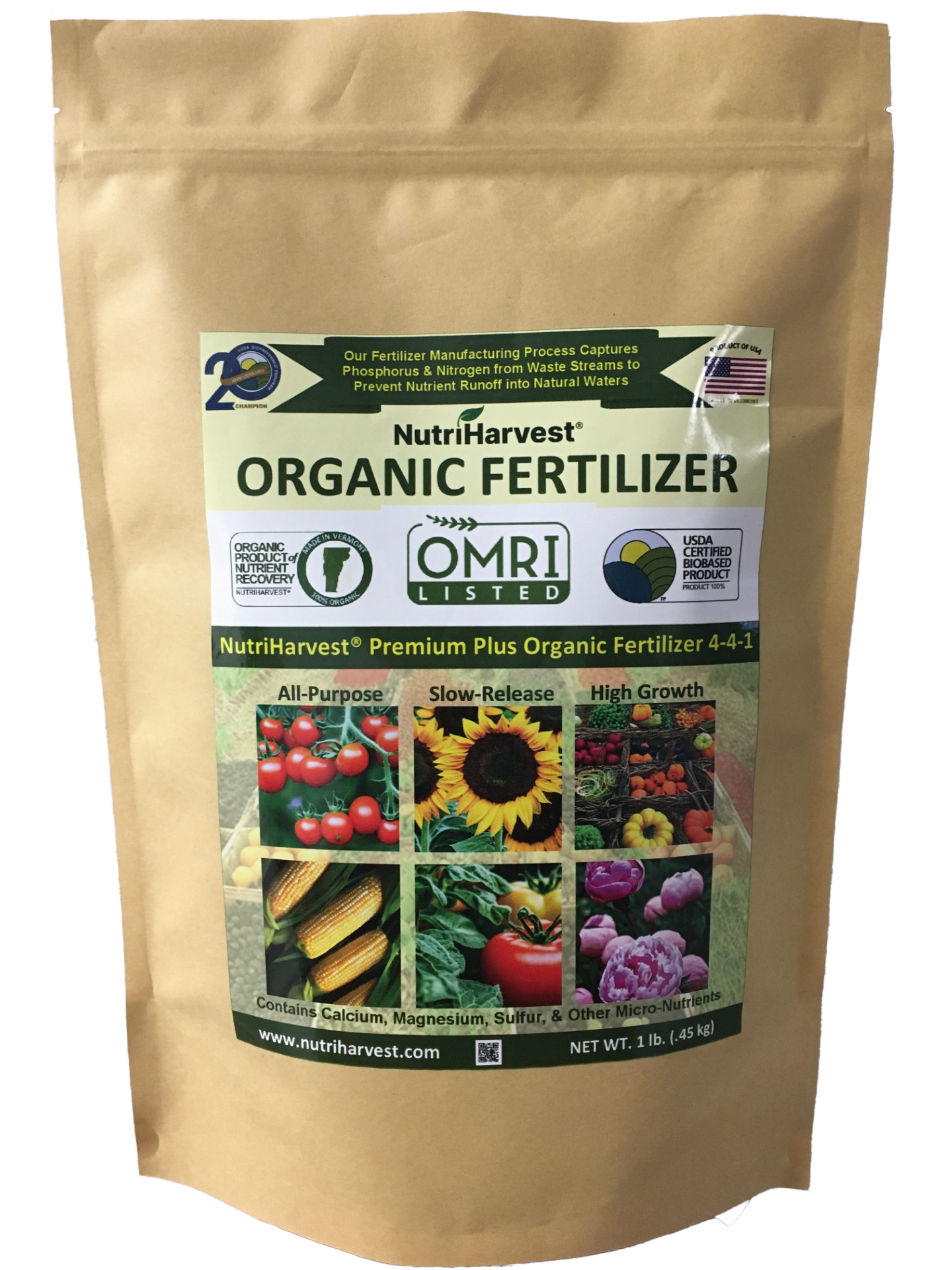 NutriHarvest® Premium Plus Super Organic Fertilizer 4-4-1, OMRI Listed, 100% USDA-certified Biobased, low-potassium, in Resealable Bag