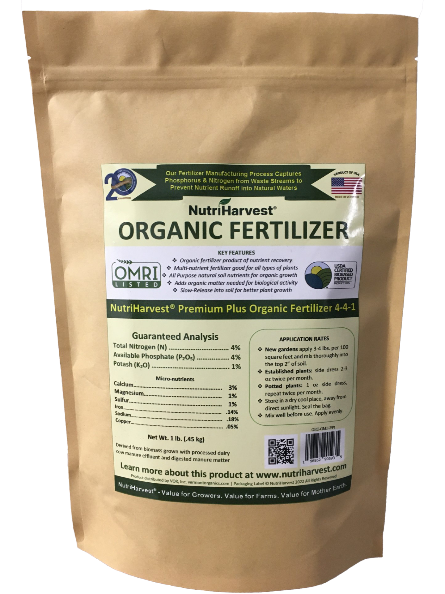 NutriHarvest® Premium Plus Super Organic Fertilizer 4-4-1, OMRI Listed, 100% USDA-certified Biobased, low-potassium, in Resealable Bag