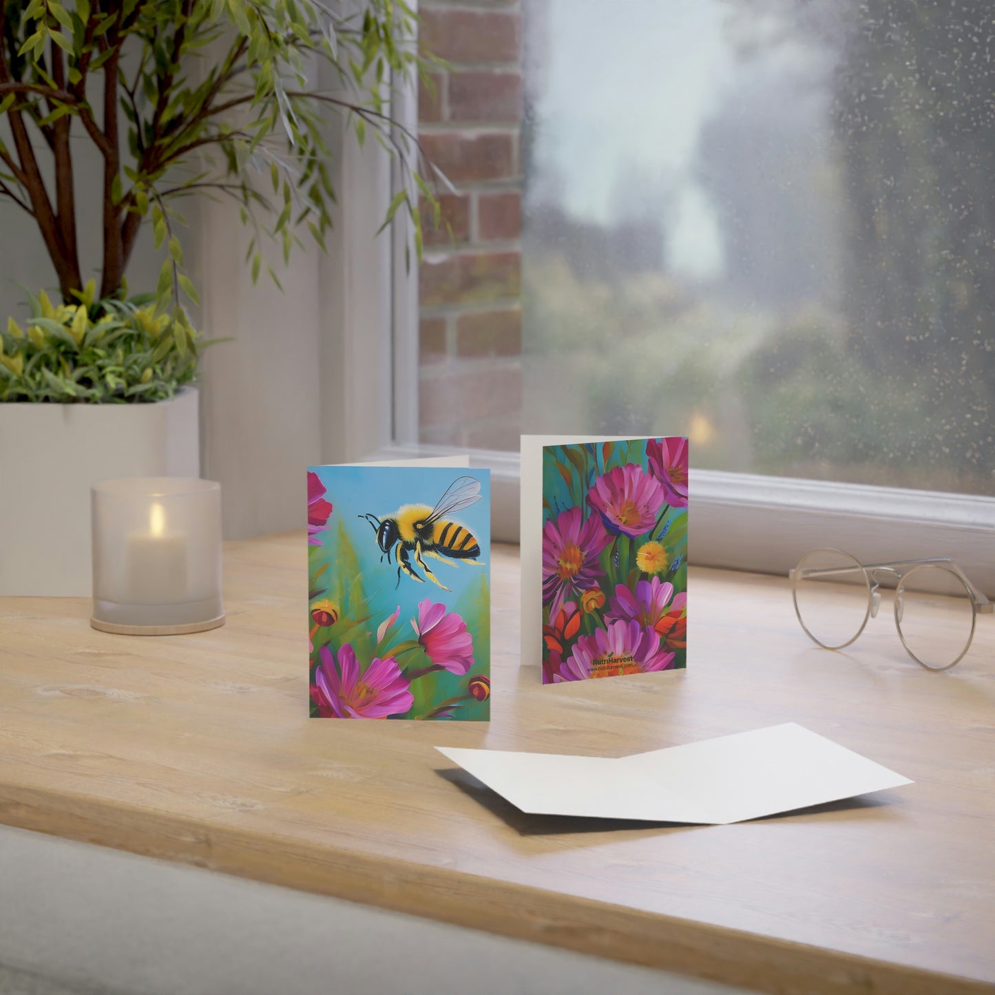 Beautiful Honey Bee Flowers Folded Sustainable Greeting Cards (1, 10, 30, or 50pcs)