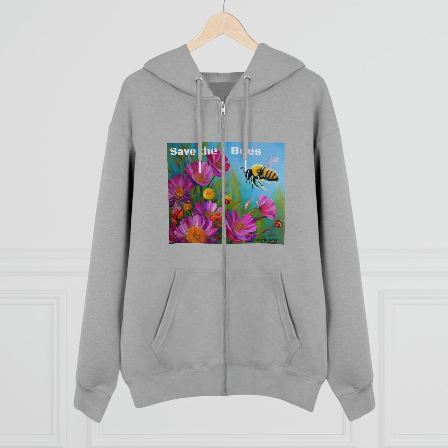 Men's Cultivator Zip Hoodie with Honey Bee and Flowers Eco Print & Save the Bees