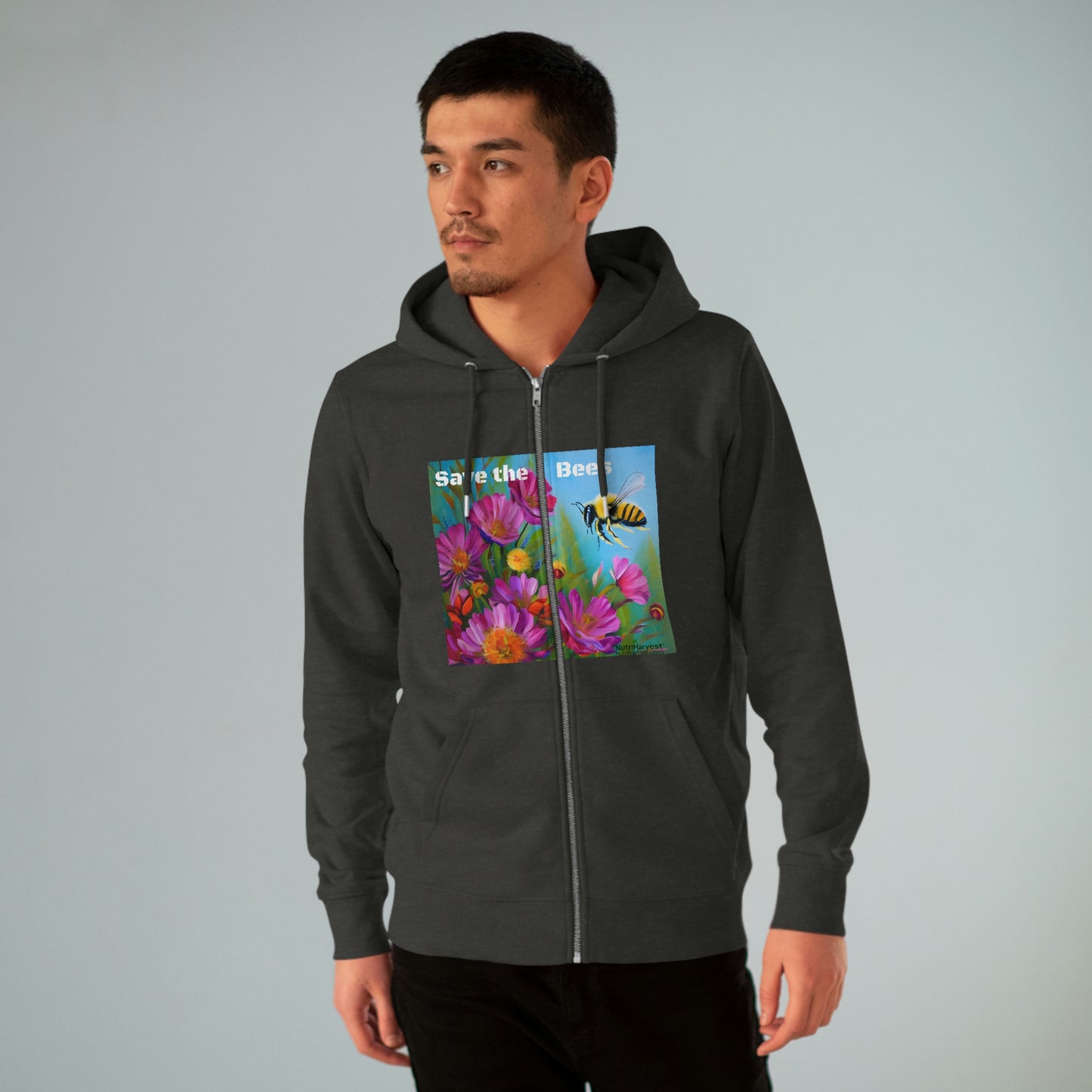 Men's Cultivator Zip Hoodie with Honey Bee and Flowers Eco Print & Save the Bees