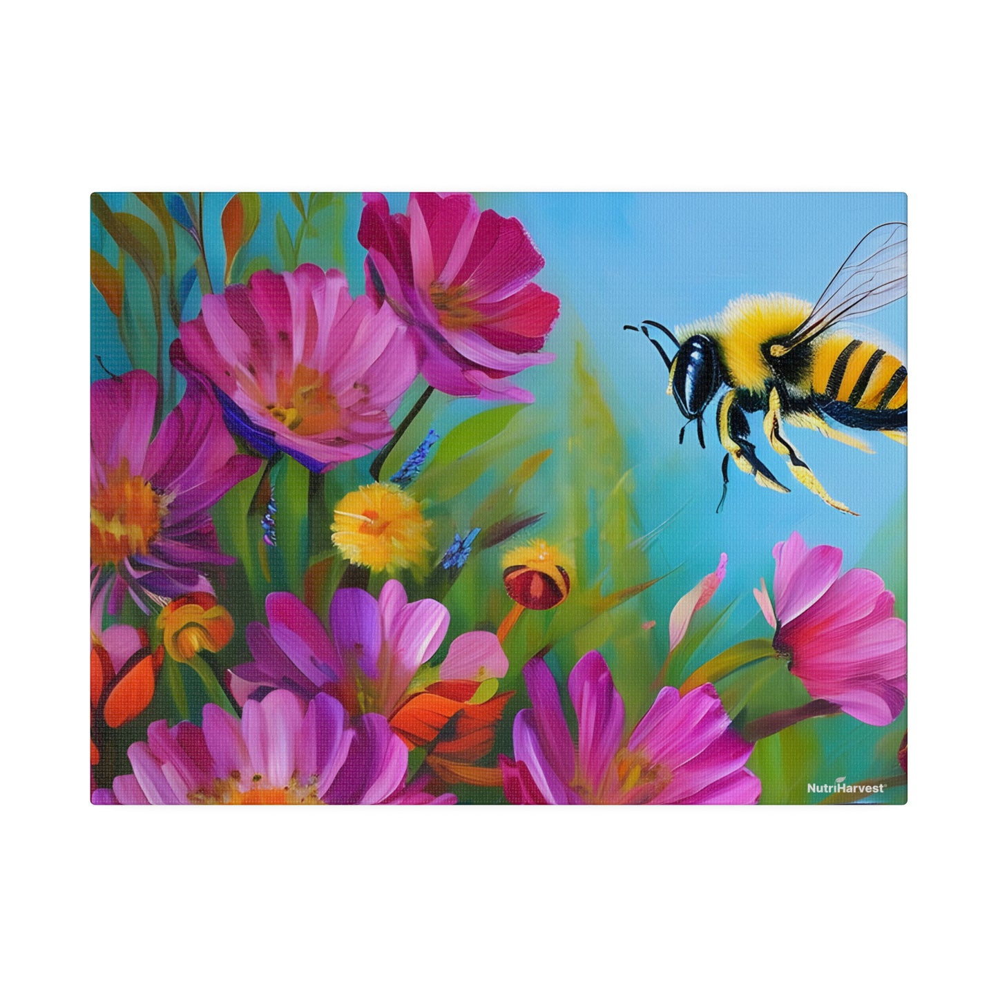 Bee and Flowers Sustainable Pollinator Eco Artwork on Matte Canvas, 0.75"