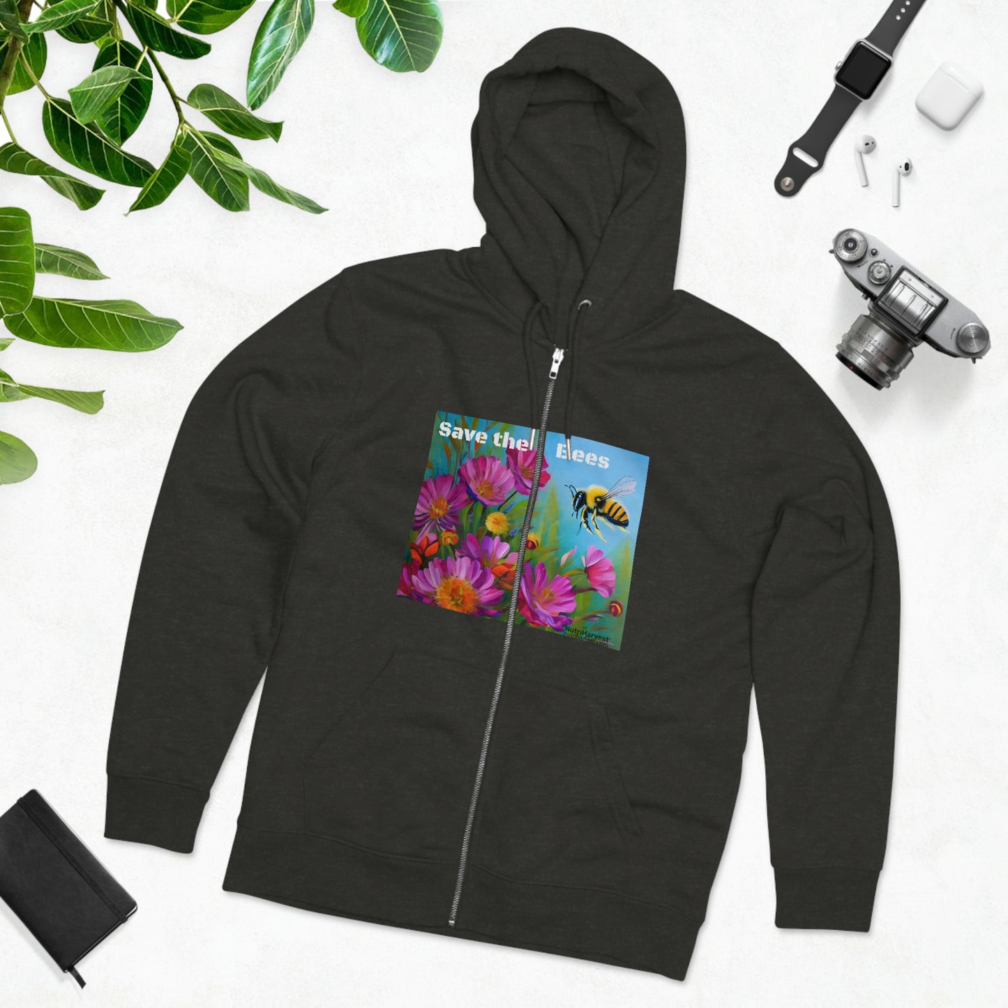 Men's Cultivator Zip Hoodie with Honey Bee and Flowers Eco Print & Save the Bees