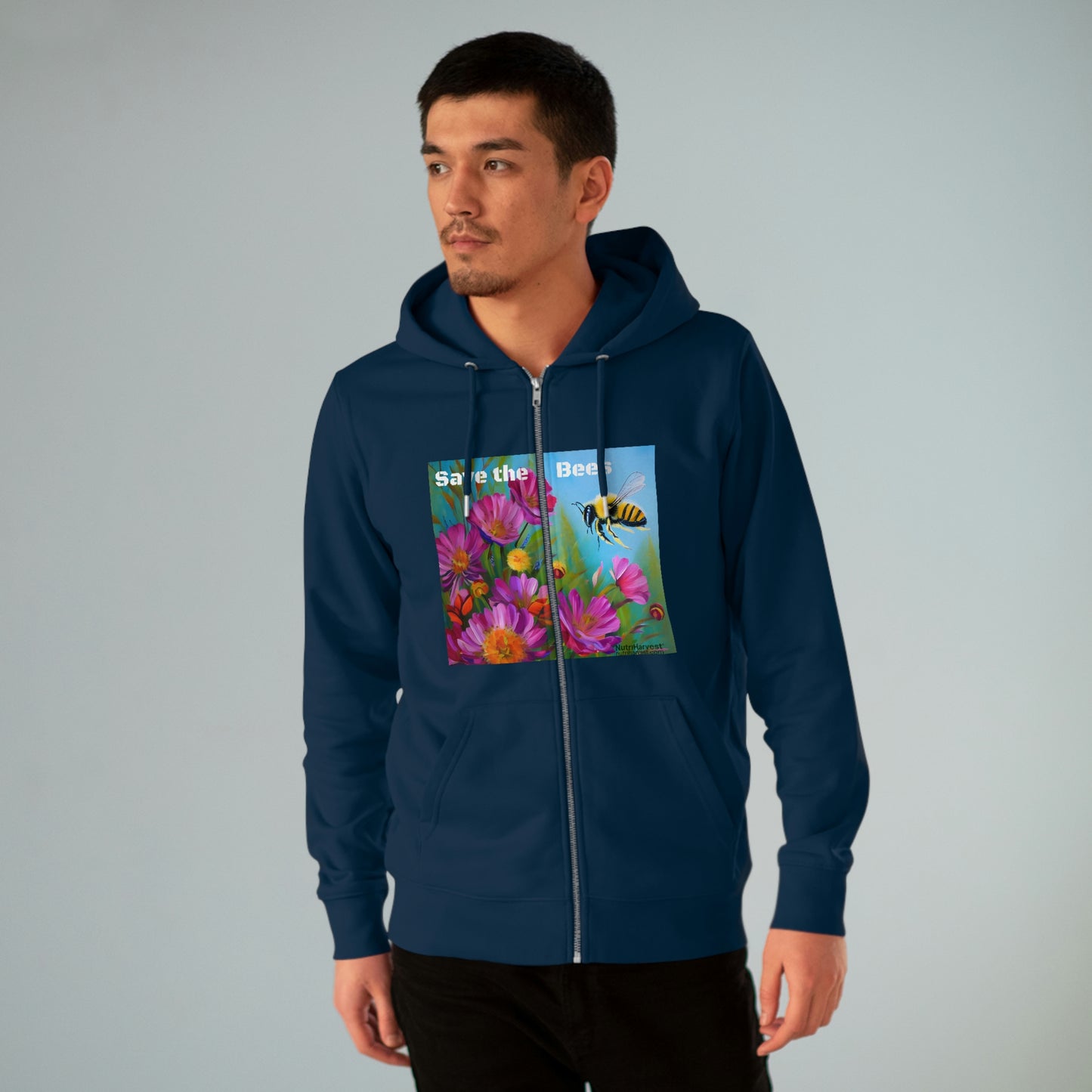 Men's Cultivator Zip Hoodie with Honey Bee and Flowers Eco Print & Save the Bees