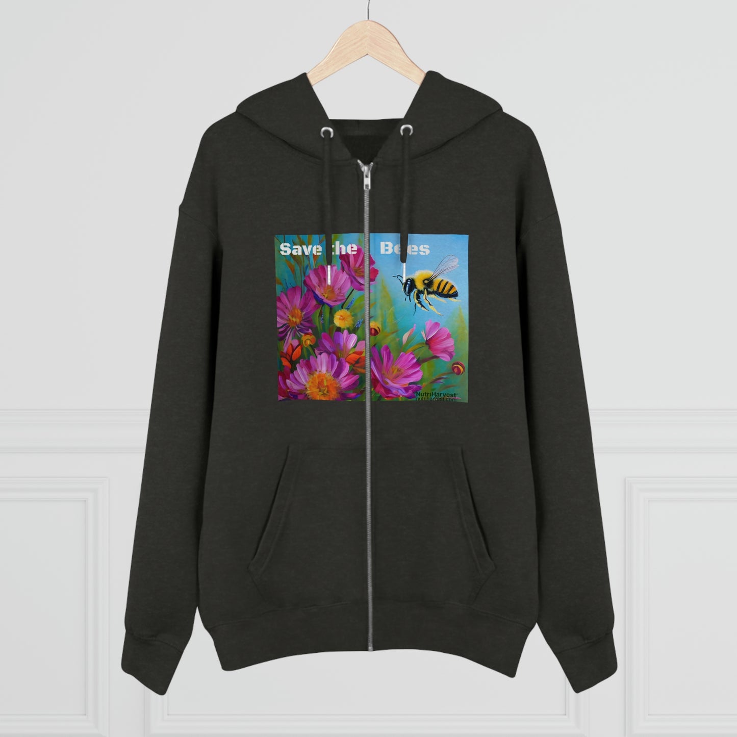 Men's Cultivator Zip Hoodie with Honey Bee and Flowers Eco Print & Save the Bees