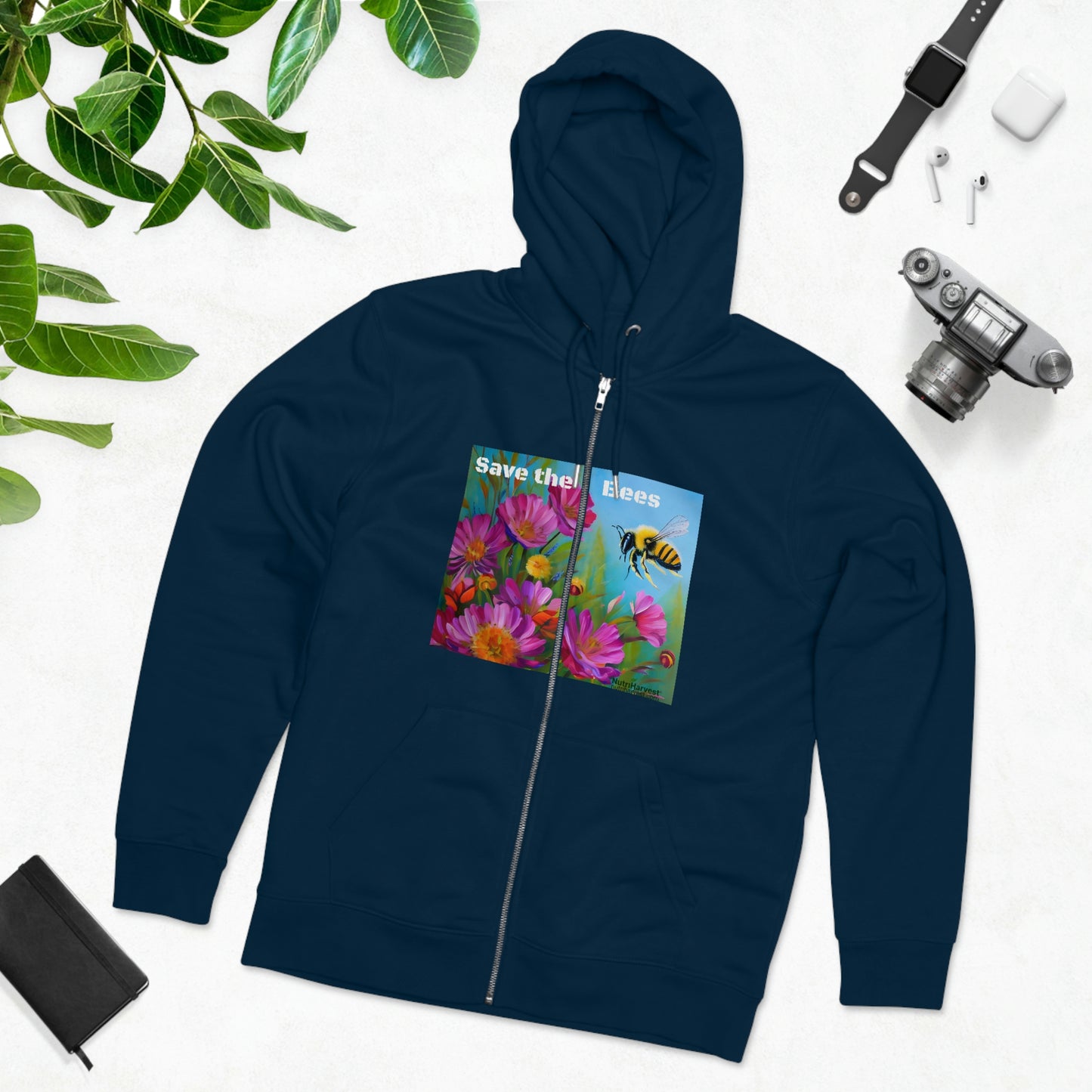 Men's Cultivator Zip Hoodie with Honey Bee and Flowers Eco Print & Save the Bees