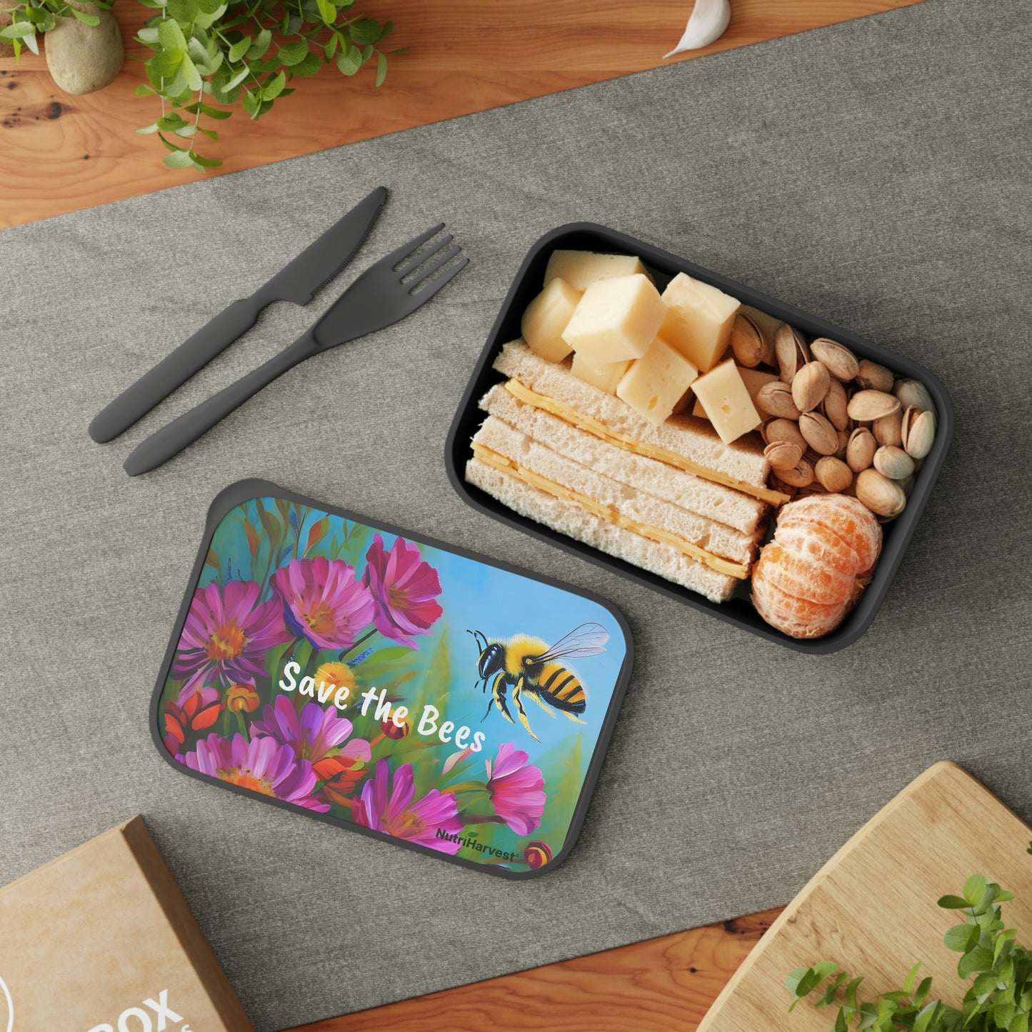 PLA Bento Lunch Box with Band and Utensils Save the Bees NutriHarvest®