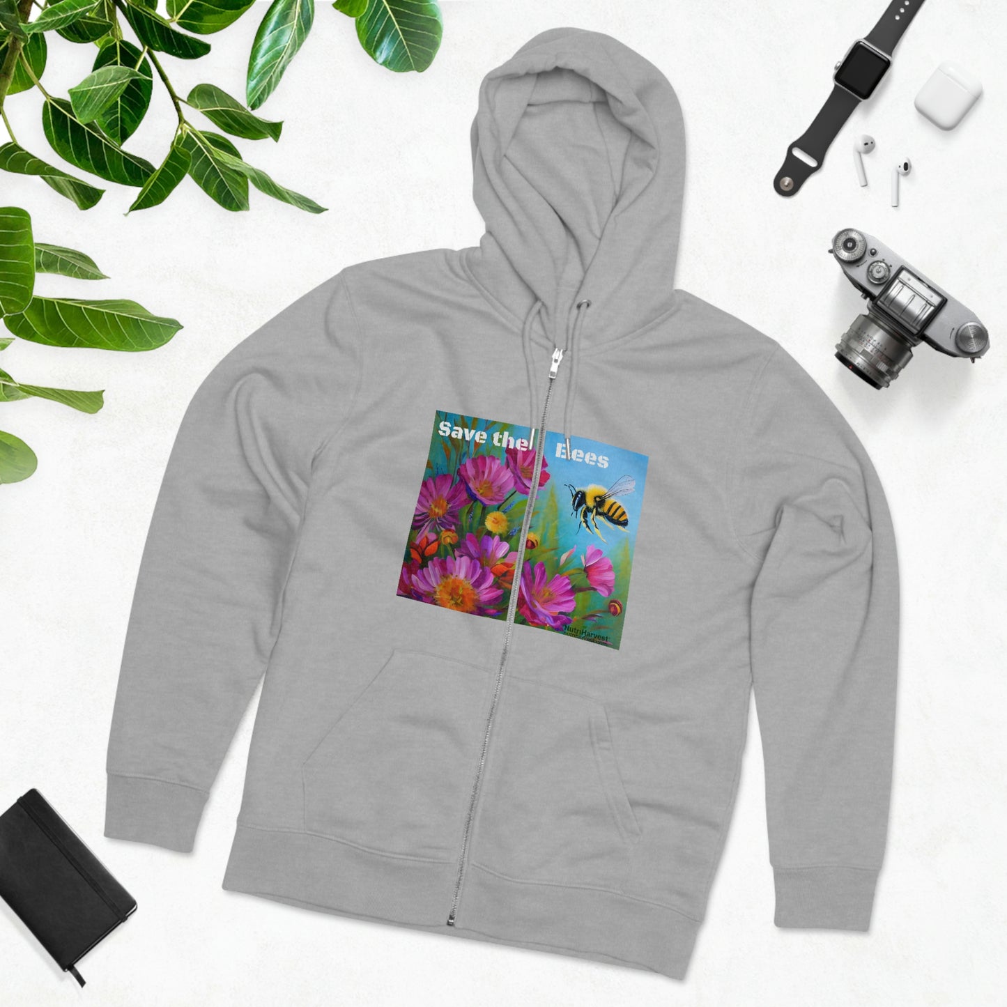 Men's Cultivator Zip Hoodie with Honey Bee and Flowers Eco Print & Save the Bees