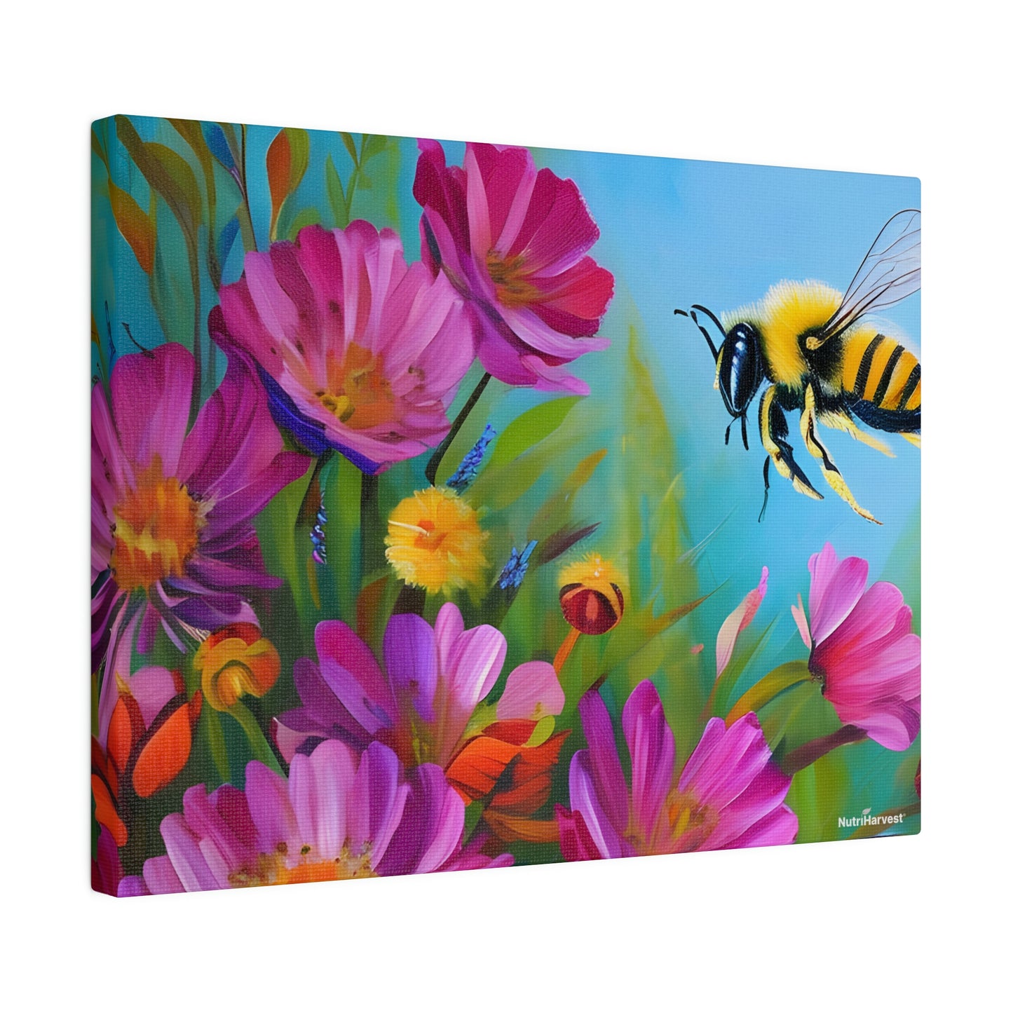 Bee and Flowers Sustainable Pollinator Eco Artwork on Matte Canvas, 0.75"
