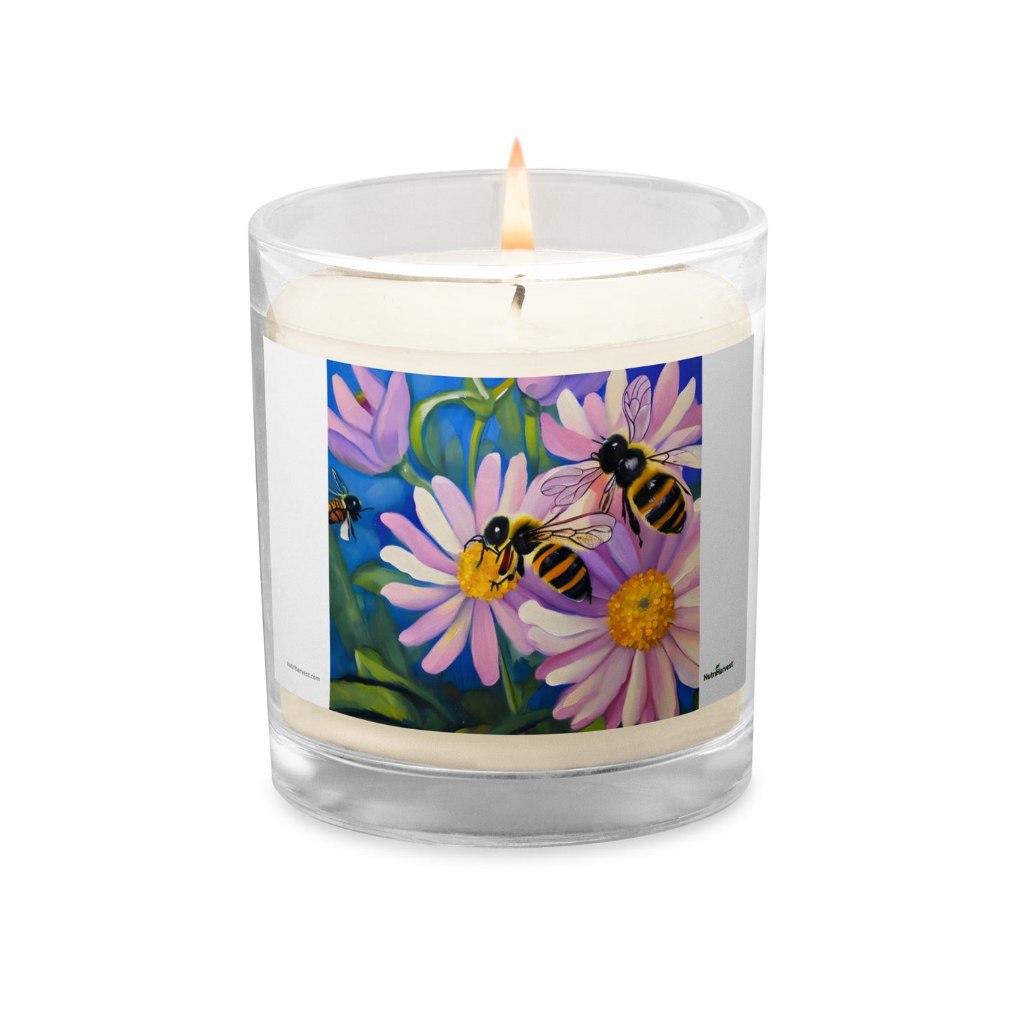 Beautiful Glass Jar Soy Wax Candle with Bees and Flowers Art