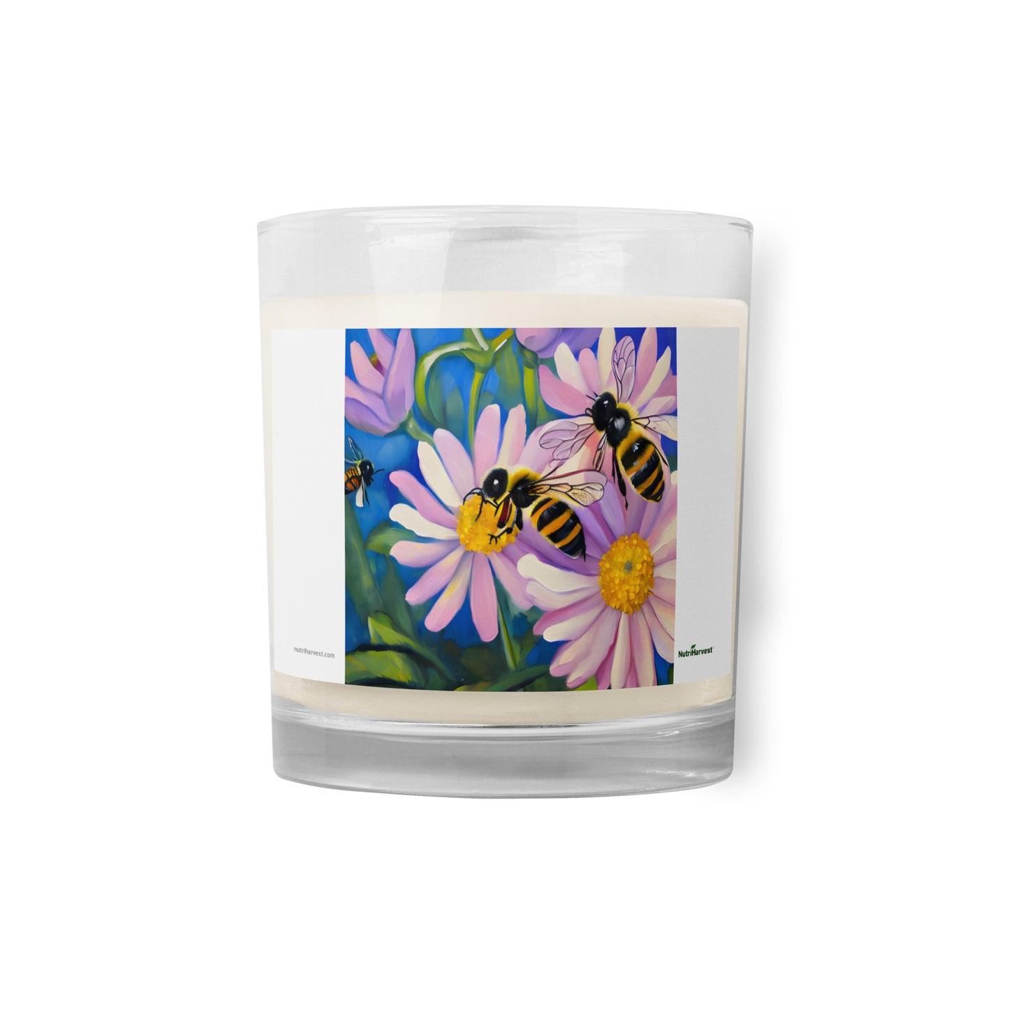 Beautiful Glass Jar Soy Wax Candle with Bees and Flowers Art