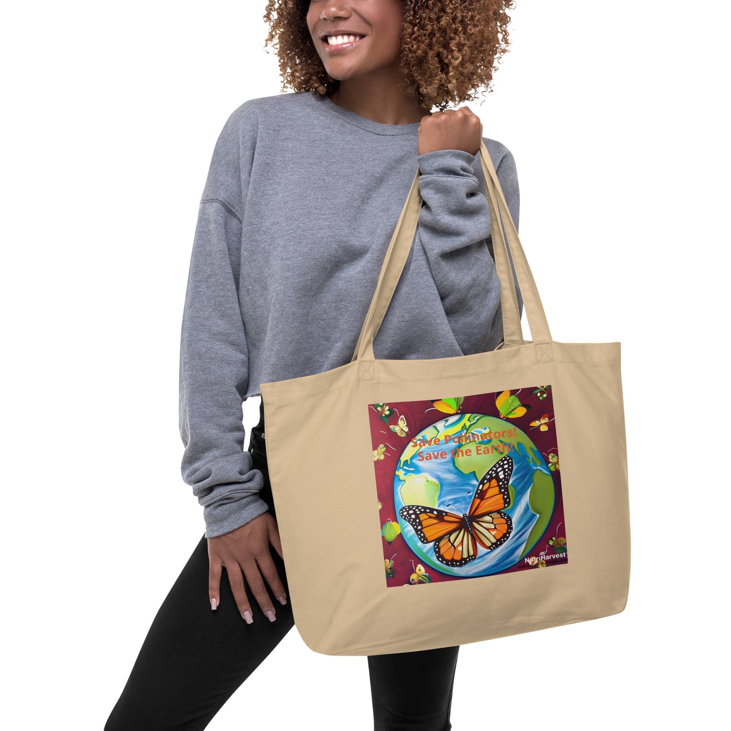 Large Organic Tote Bag Save Pollinators, Save the Earth