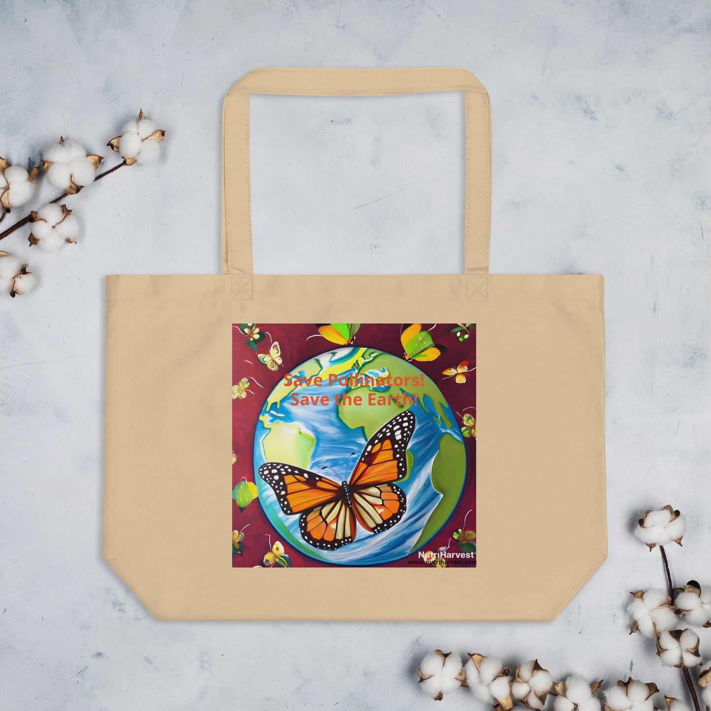 Large Organic Tote Bag Save Pollinators, Save the Earth