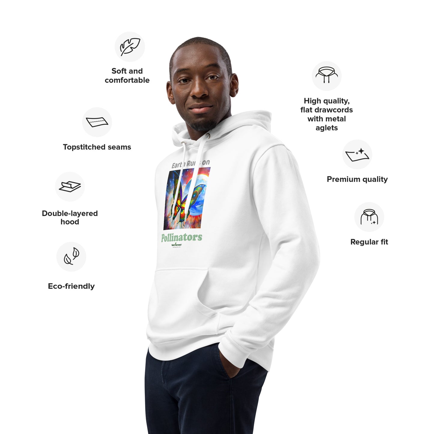 Premium Eco Hoodie with Earth Friendly Print - Earth Runs on Pollinators