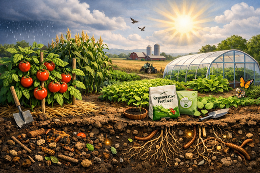 Regenerative agriculture scene with greenhouse, tomatoes, corn field, cover crops, and healthy soil cross-section with roots and earthworms.