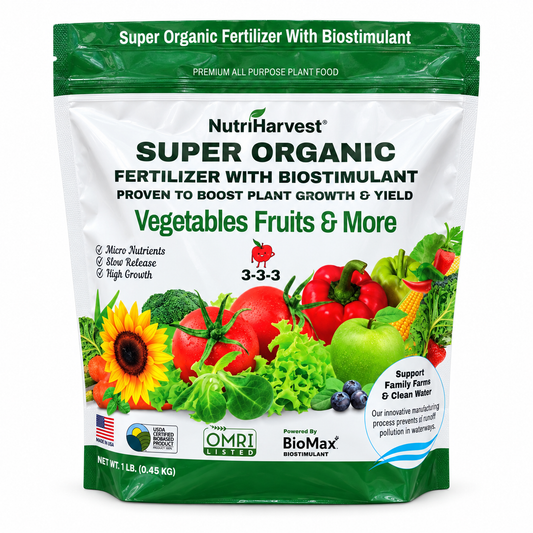 NutriHarvest® Super Organic Fertilizer with Biostimulant 3-3-3, OMRI Listed®, USDA Certified Biobased® (1 lb & 2 lb Bags)