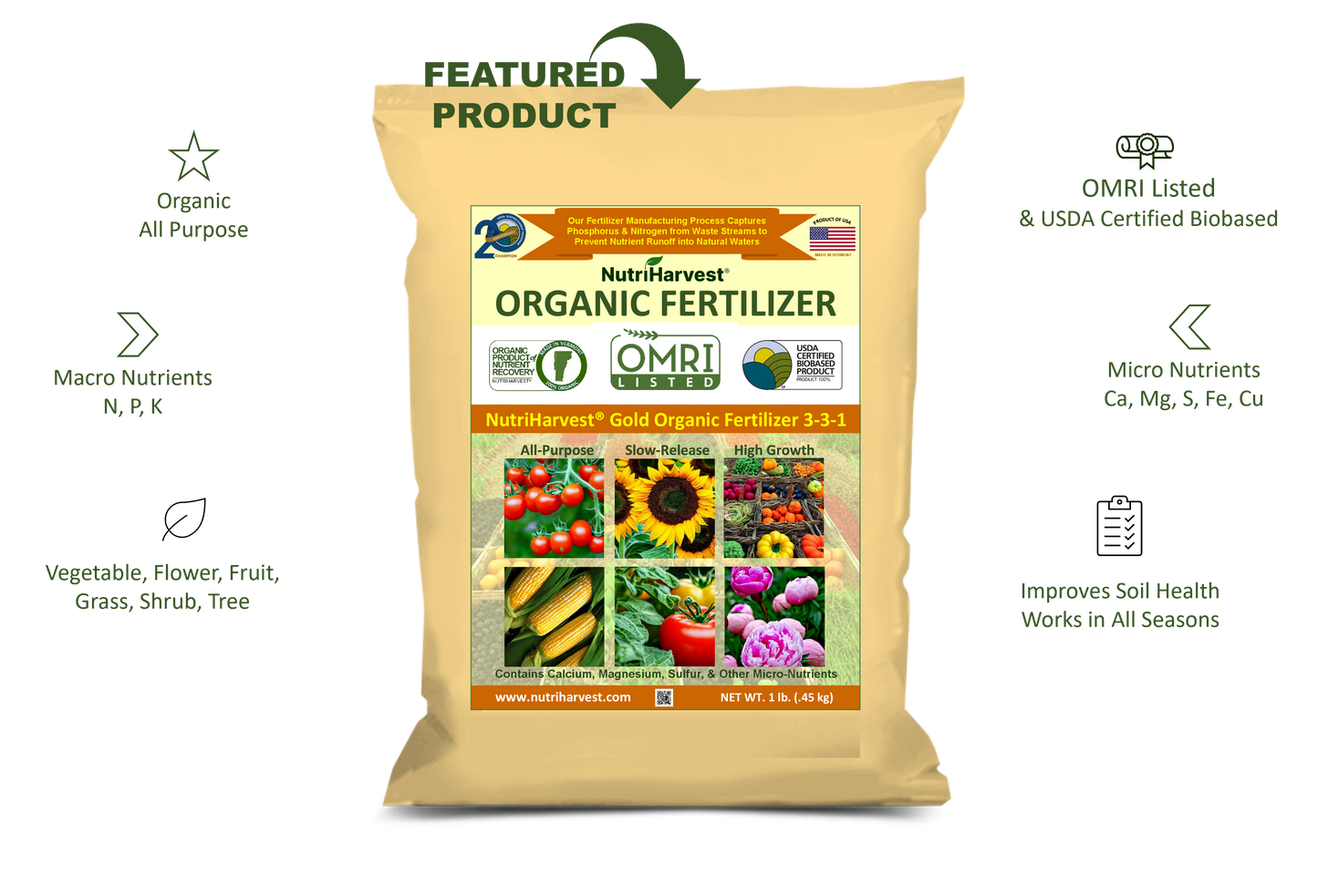 NutriHarvest® Gold Super Organic Fertilizer 3-3-1, OMRI Listed, 100% USDA-certified Biobased, in Resealable Bag