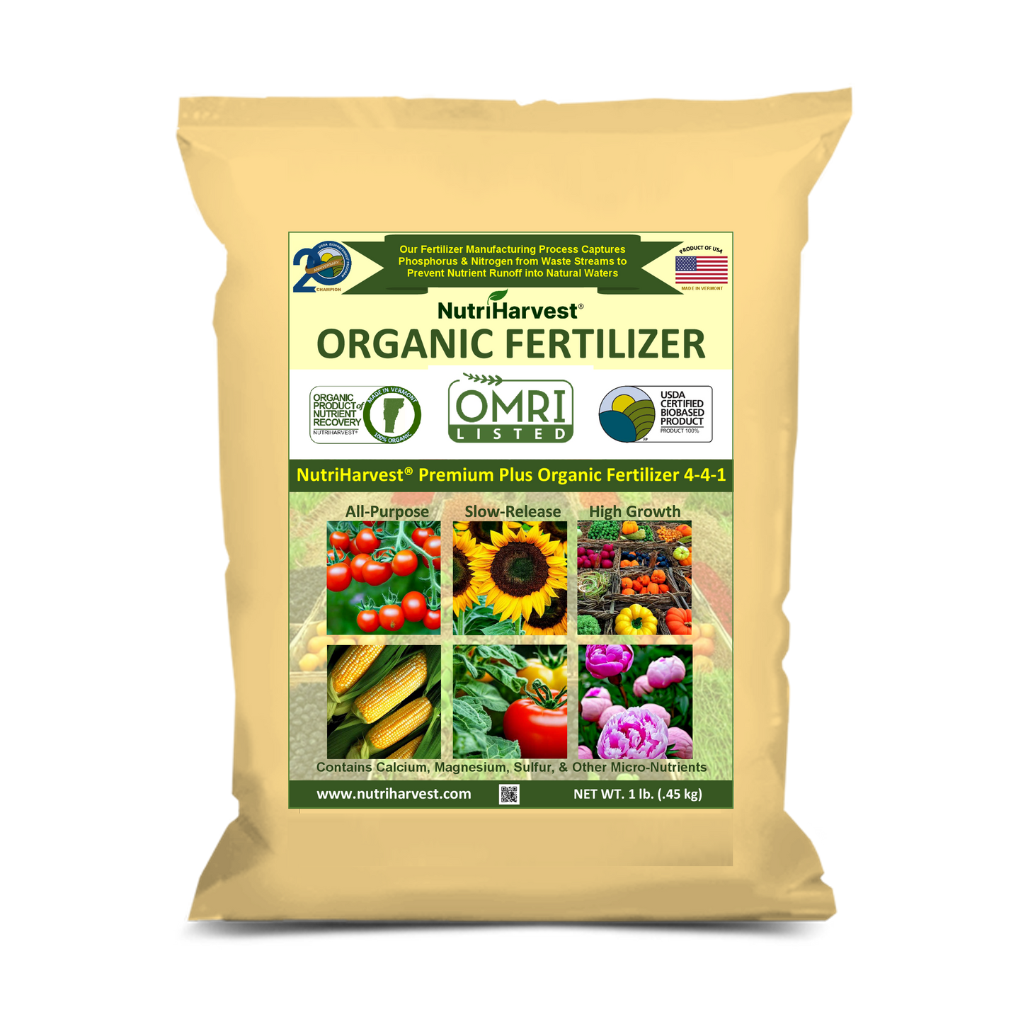 NutriHarvest® Premium Plus Super Organic Fertilizer 4-4-1, OMRI Listed, 100% USDA-certified Biobased, in Resealable Bag