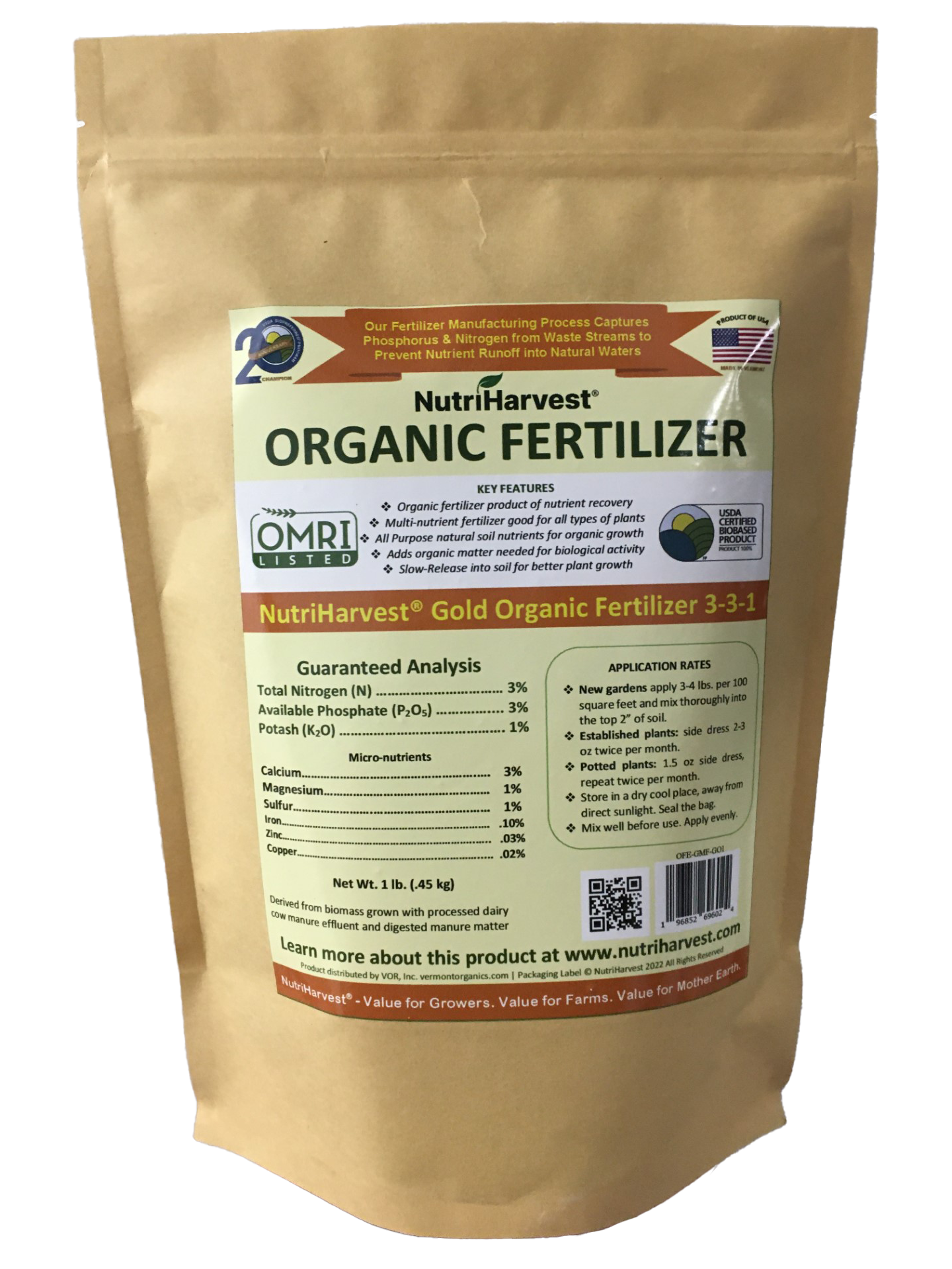 NutriHarvest® Gold Super Organic Fertilizer 3-3-1, OMRI Listed, 100% USDA-certified Biobased, in Resealable Bag