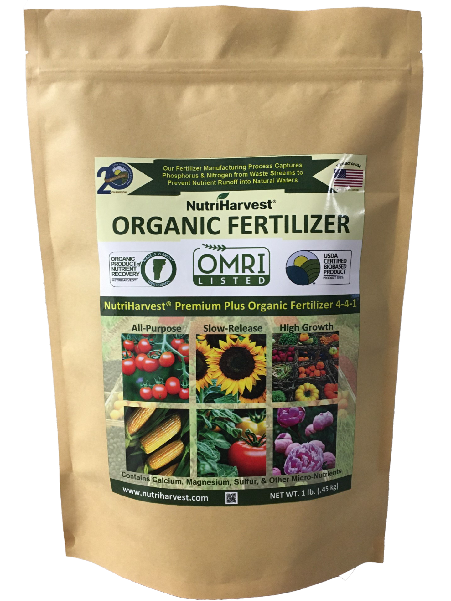 NutriHarvest® Premium Plus Super Organic Fertilizer 4-4-1, OMRI Listed, 100% USDA-certified Biobased, in Resealable Bag