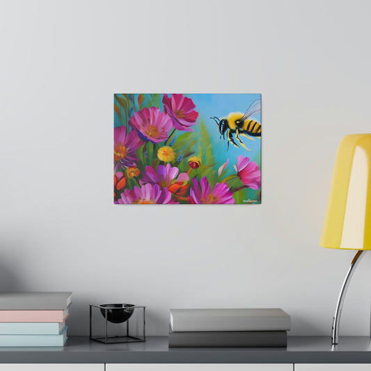 Bee and Flowers Sustainable Pollinator Eco Artwork on Matte Canvas, 0.75"