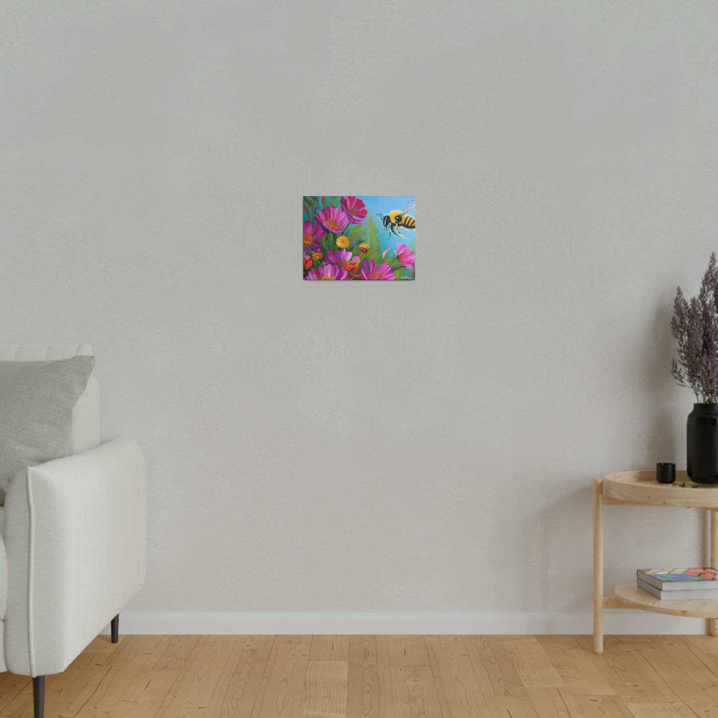 Bee and Flowers Sustainable Pollinator Eco Artwork on Matte Canvas, 0.75"