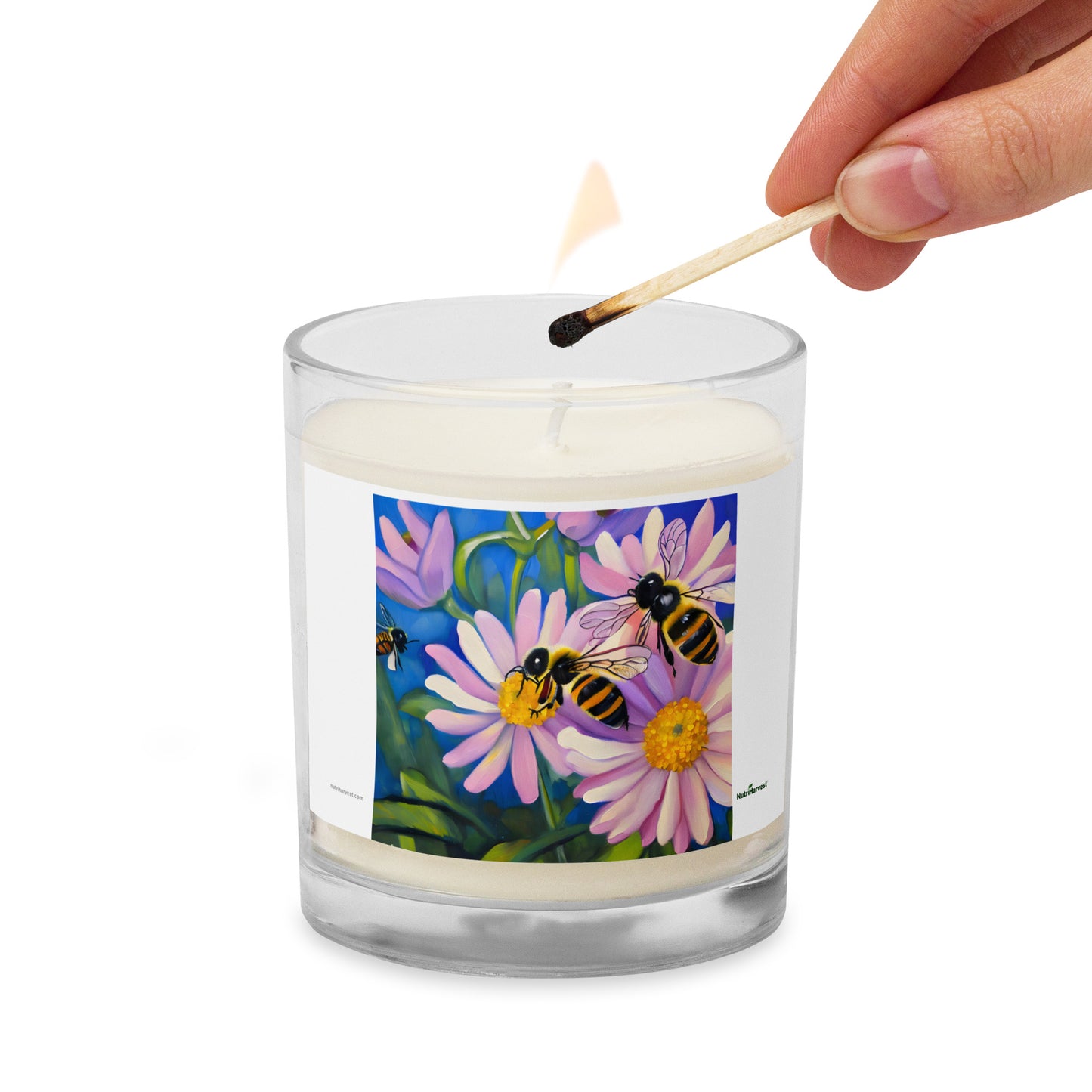 Beautiful Glass Jar Soy Wax Candle with Bees and Flowers Art