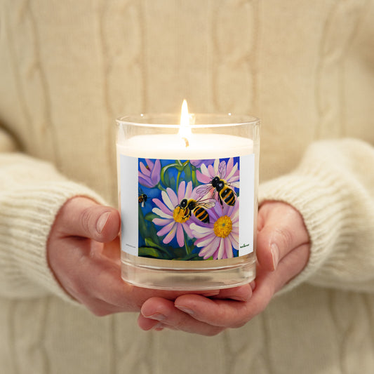 Beautiful Glass Jar Soy Wax Candle with Bees and Flowers Art