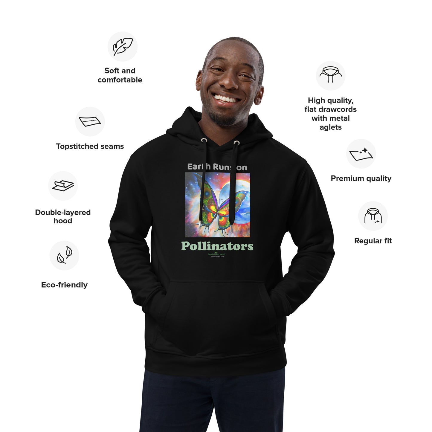 Premium Eco Hoodie with Earth Friendly Print - Earth Runs on Pollinators
