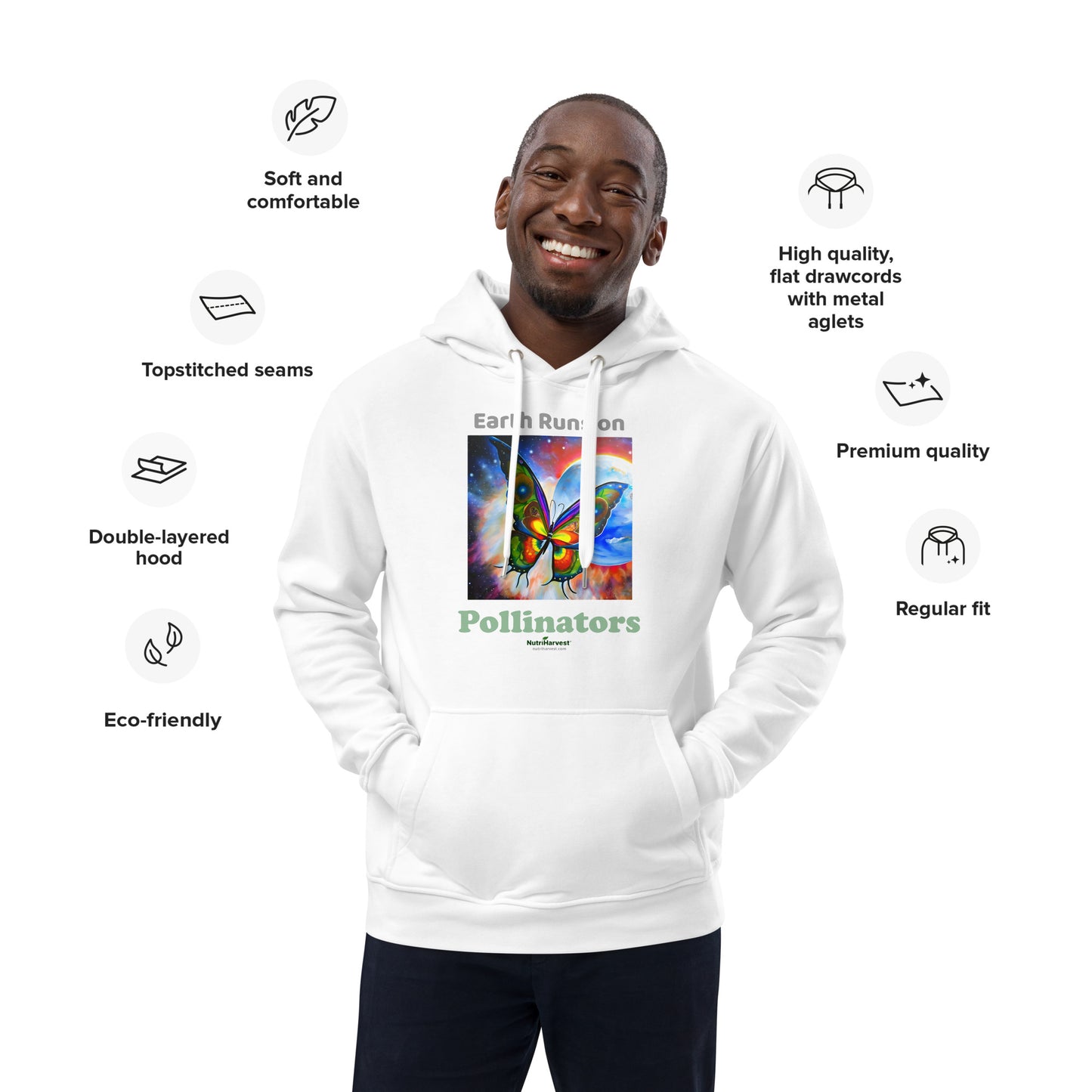 Premium Eco Hoodie with Earth Friendly Print - Earth Runs on Pollinators